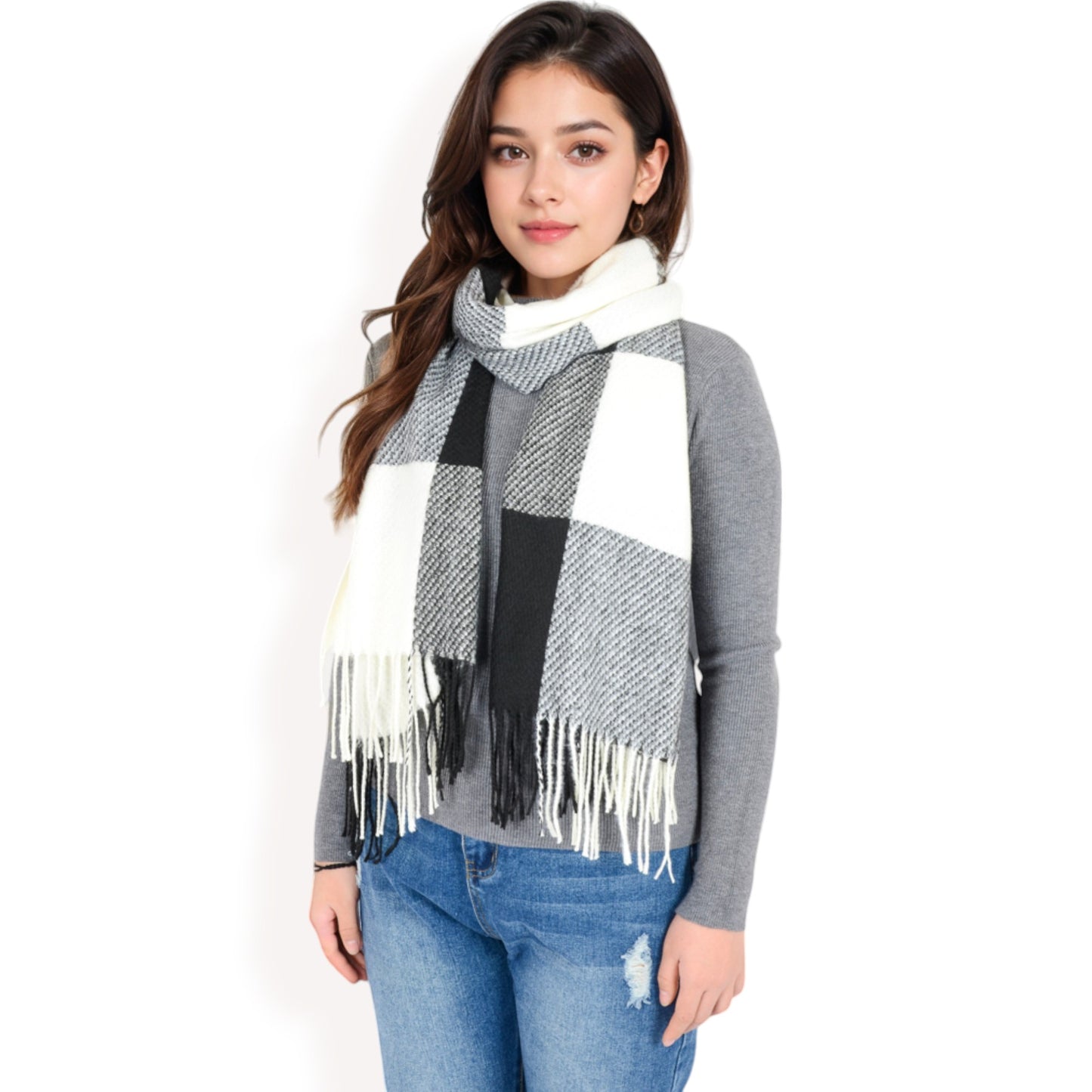 Anna-Kaci Women's Oversized Plaid Blanket Scarf with Fringe Trim and Soft Textured Fabric