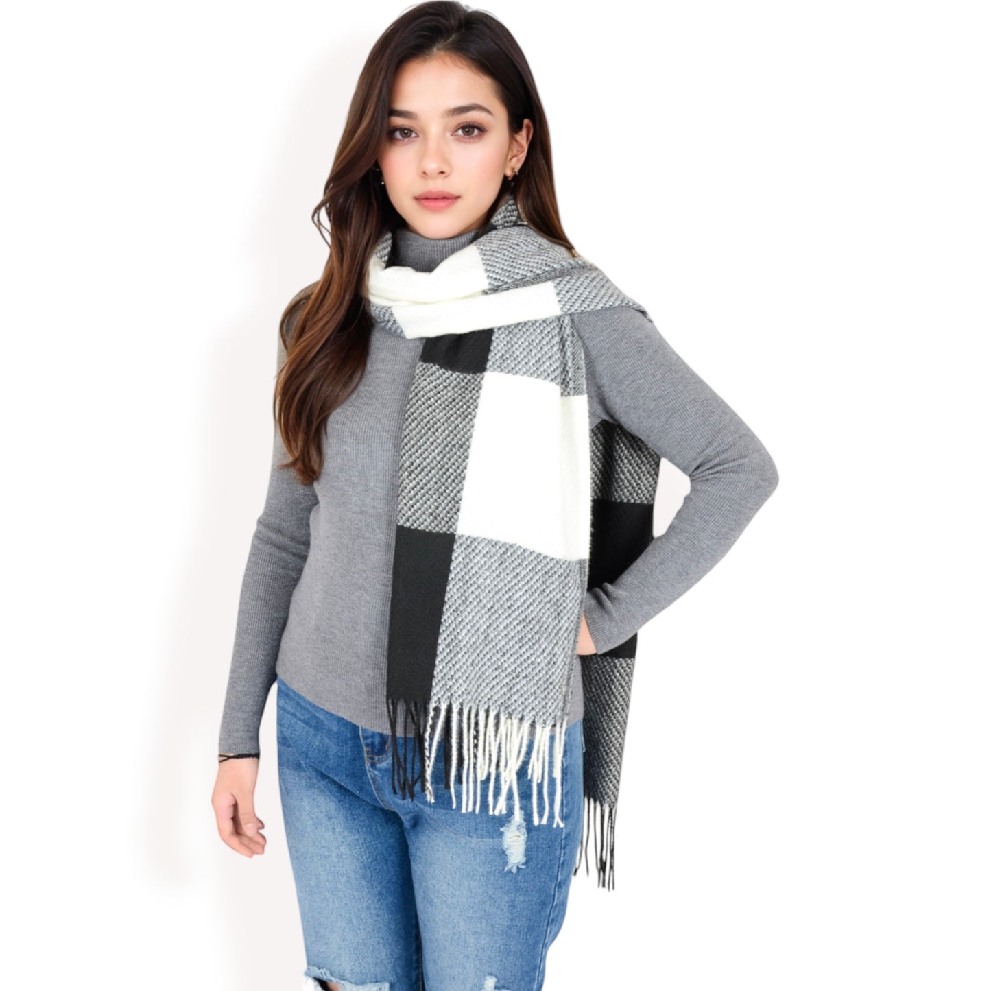 Anna-Kaci Women's Oversized Plaid Blanket Scarf with Fringe Trim and Soft Textured Fabric