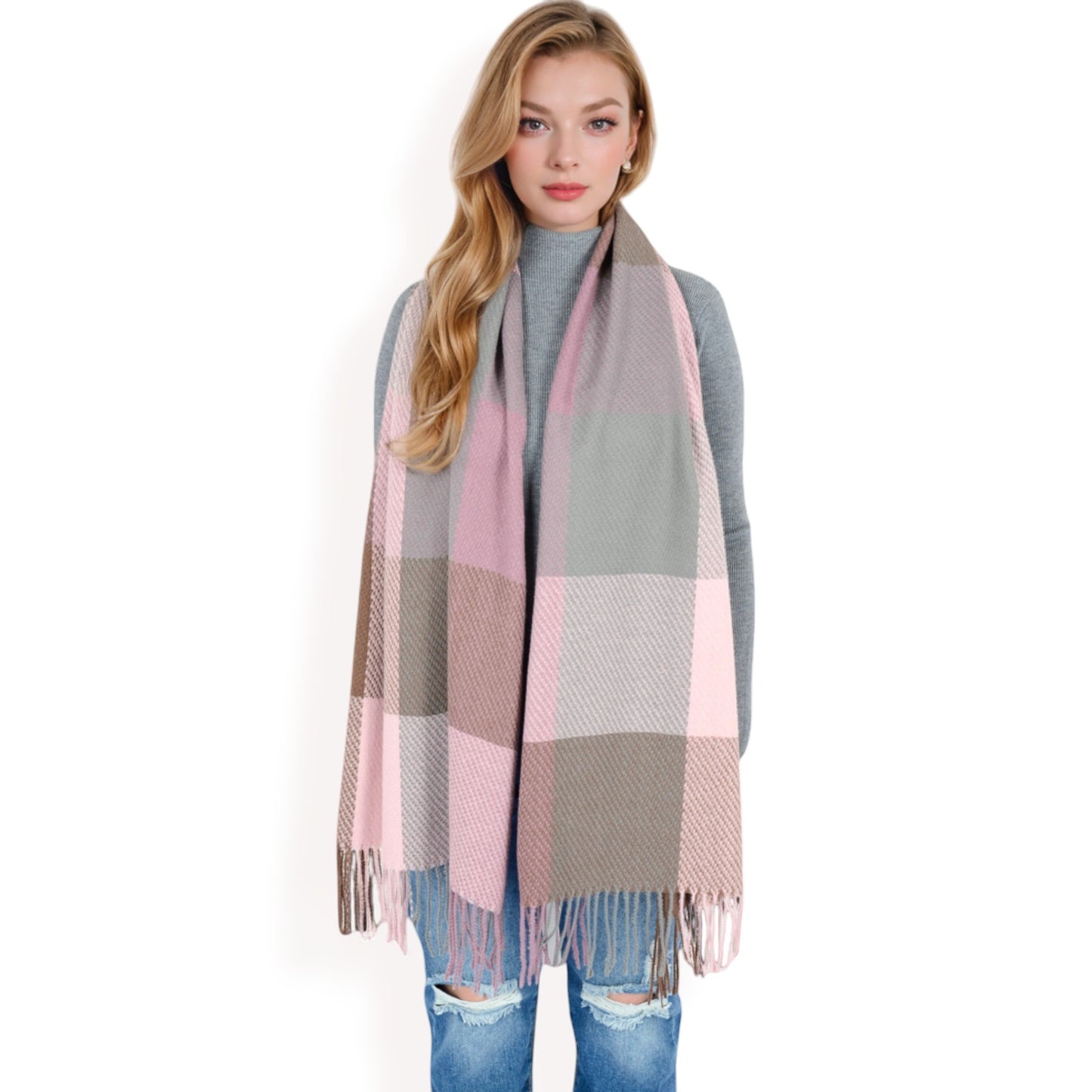 Anna-Kaci Women's Oversized Plaid Blanket Scarf with Fringe Trim and Soft Textured Fabric