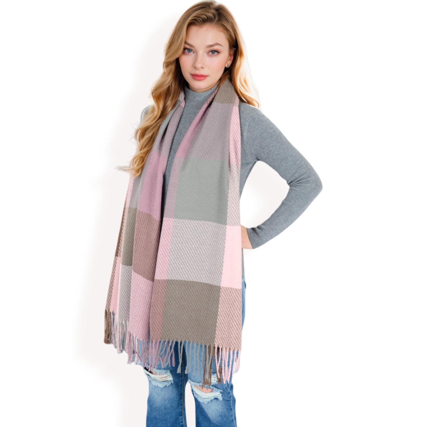 Anna-Kaci Women's Oversized Plaid Blanket Scarf with Fringe Trim and Soft Textured Fabric