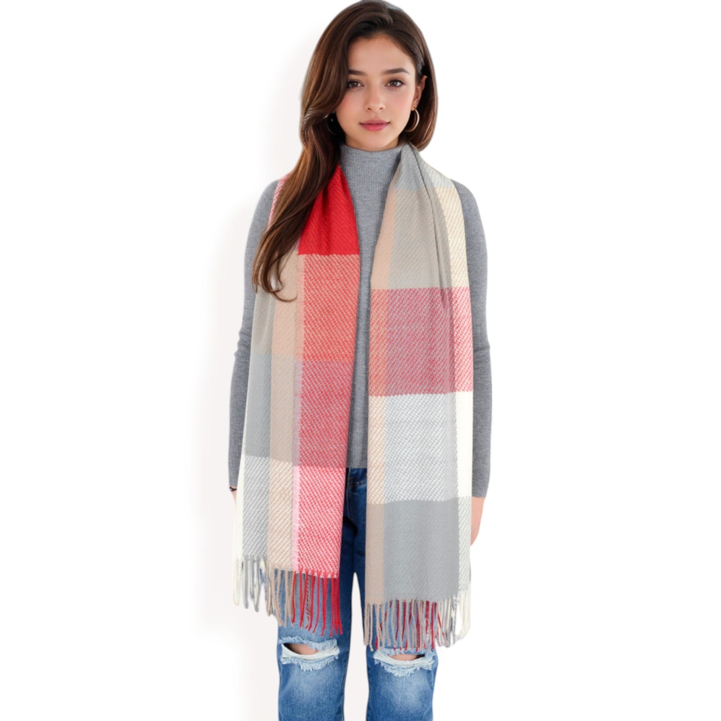 Anna-Kaci Women's Oversized Plaid Blanket Scarf with Fringe Trim and Soft Textured Fabric