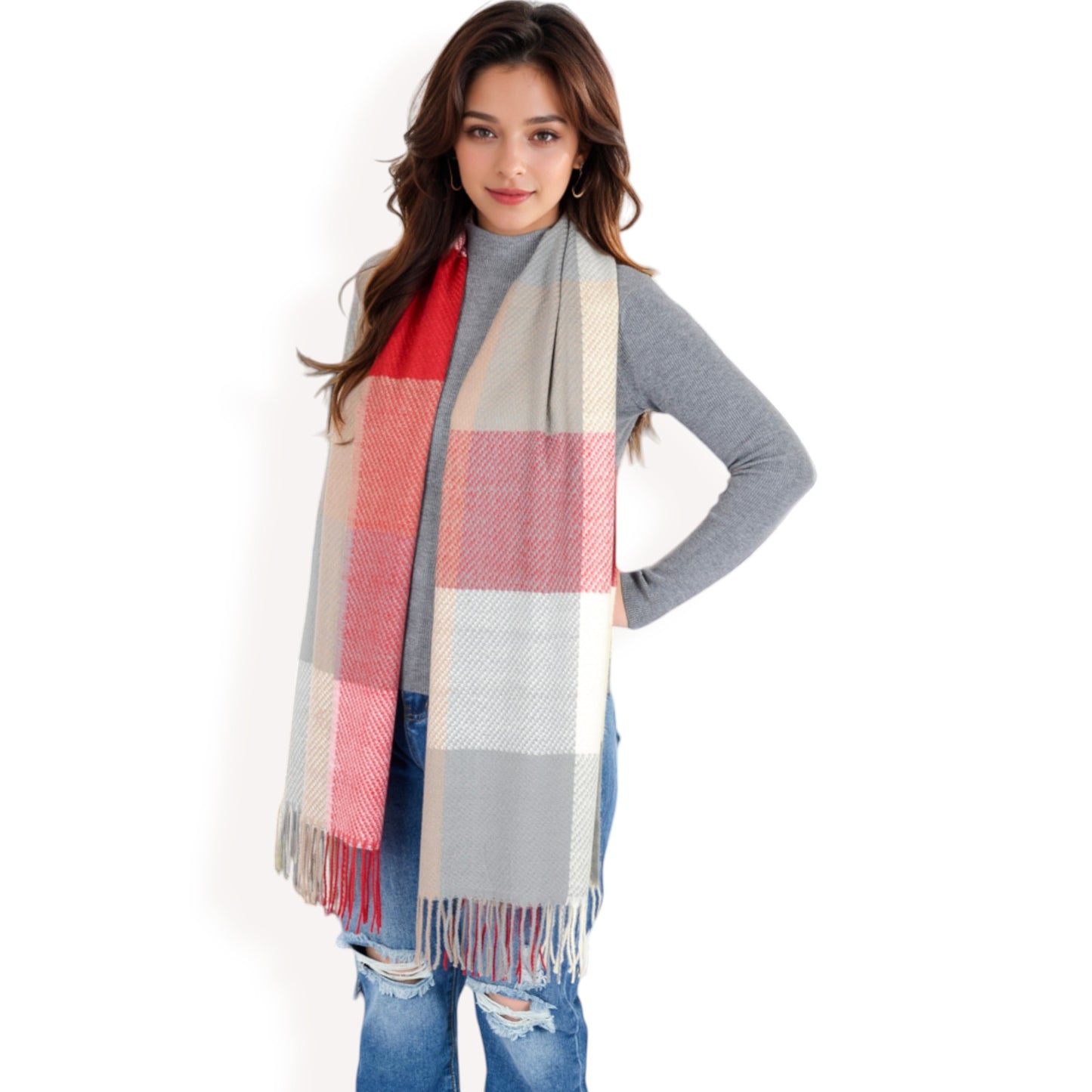 Anna-Kaci Women's Oversized Plaid Blanket Scarf with Fringe Trim and Soft Textured Fabric