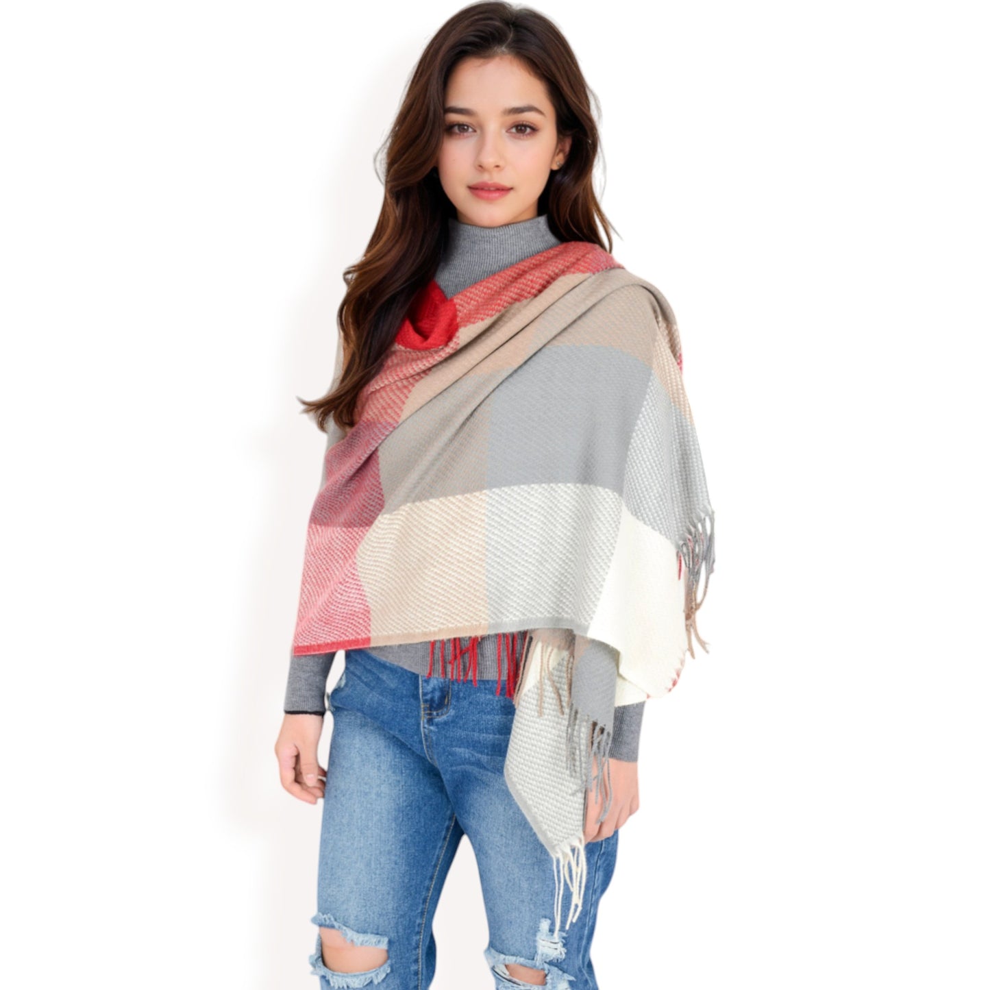 Anna-Kaci Women's Oversized Plaid Blanket Scarf with Fringe Trim and Soft Textured Fabric