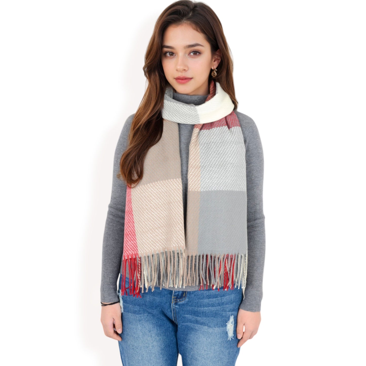 Anna-Kaci Women's Oversized Plaid Blanket Scarf with Fringe Trim and Soft Textured Fabric