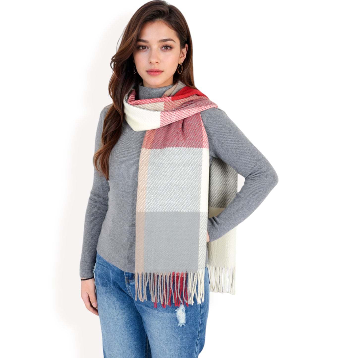 Anna-Kaci Women's Oversized Plaid Blanket Scarf with Fringe Trim and Soft Textured Fabric