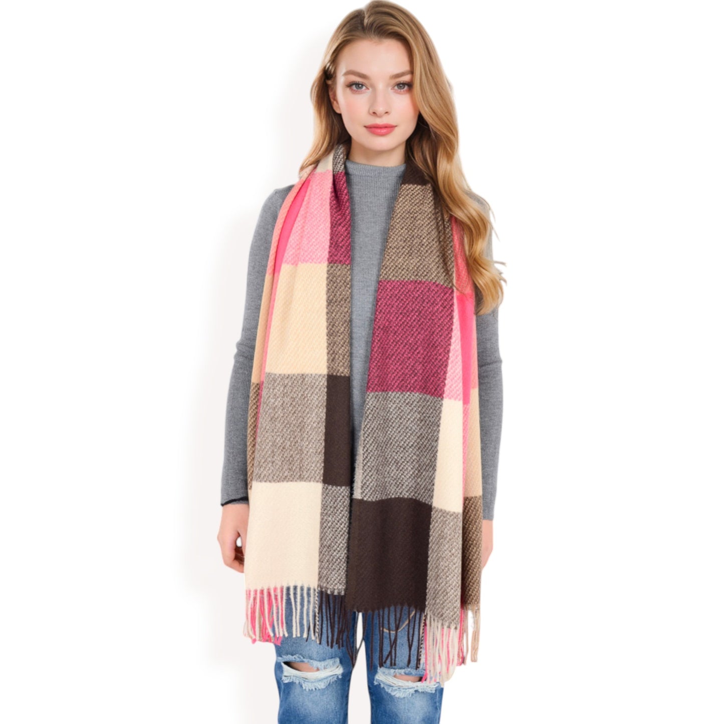 Anna-Kaci Women's Oversized Plaid Blanket Scarf with Fringe Trim and Soft Textured Fabric