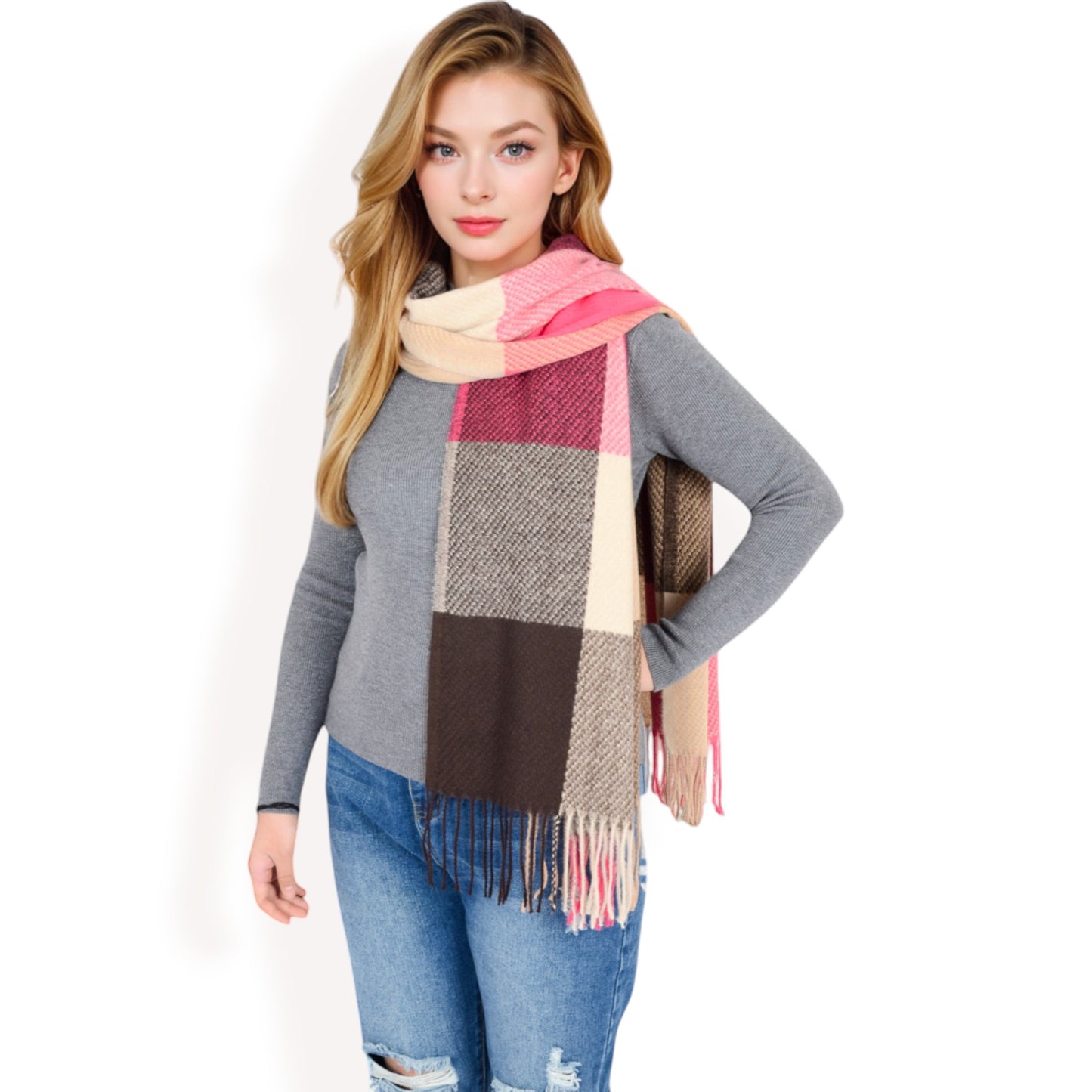 Anna-Kaci Women's Oversized Plaid Blanket Scarf with Fringe Trim and Soft Textured Fabric