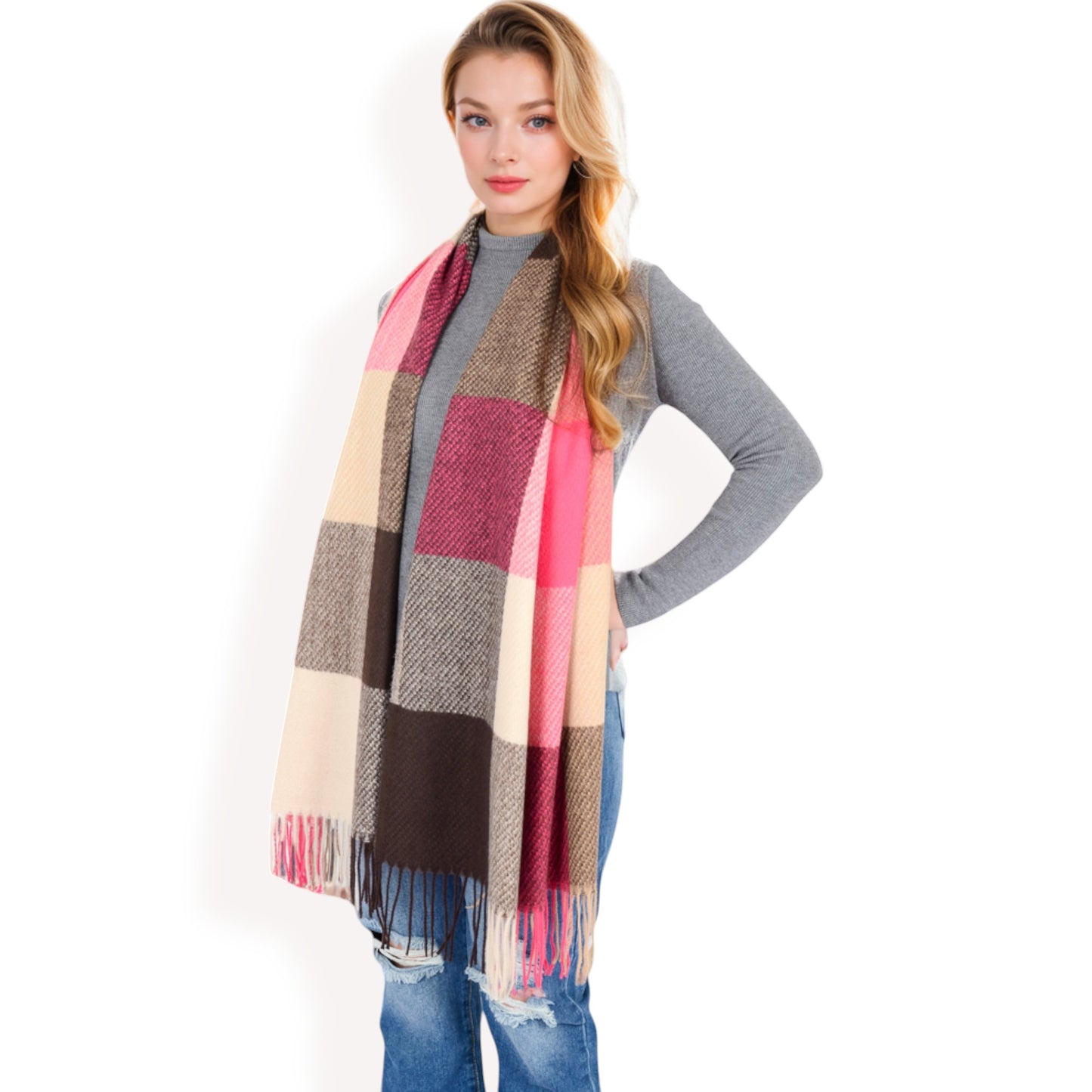 Anna-Kaci Women's Oversized Plaid Blanket Scarf with Fringe Trim and Soft Textured Fabric