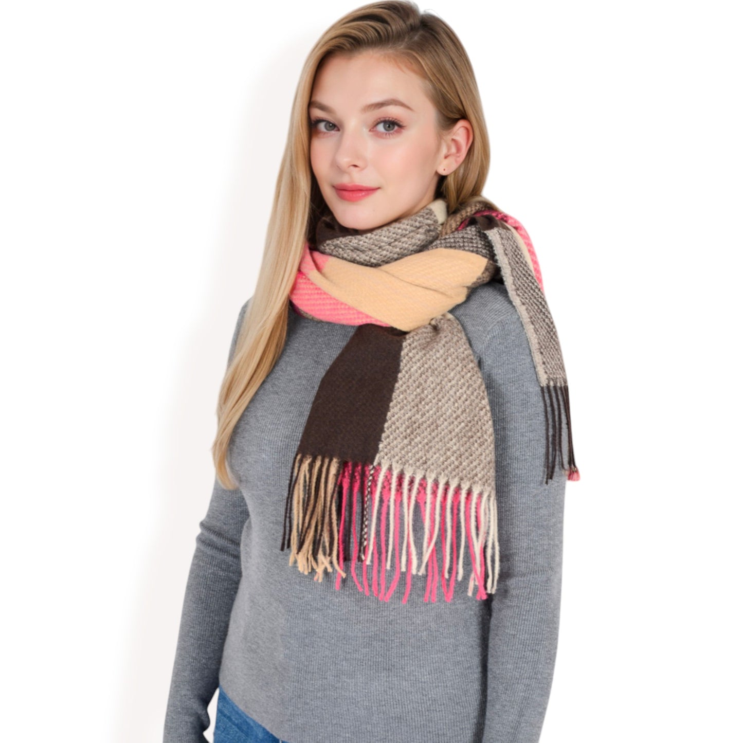 Anna-Kaci Women's Oversized Plaid Blanket Scarf with Fringe Trim and Soft Textured Fabric