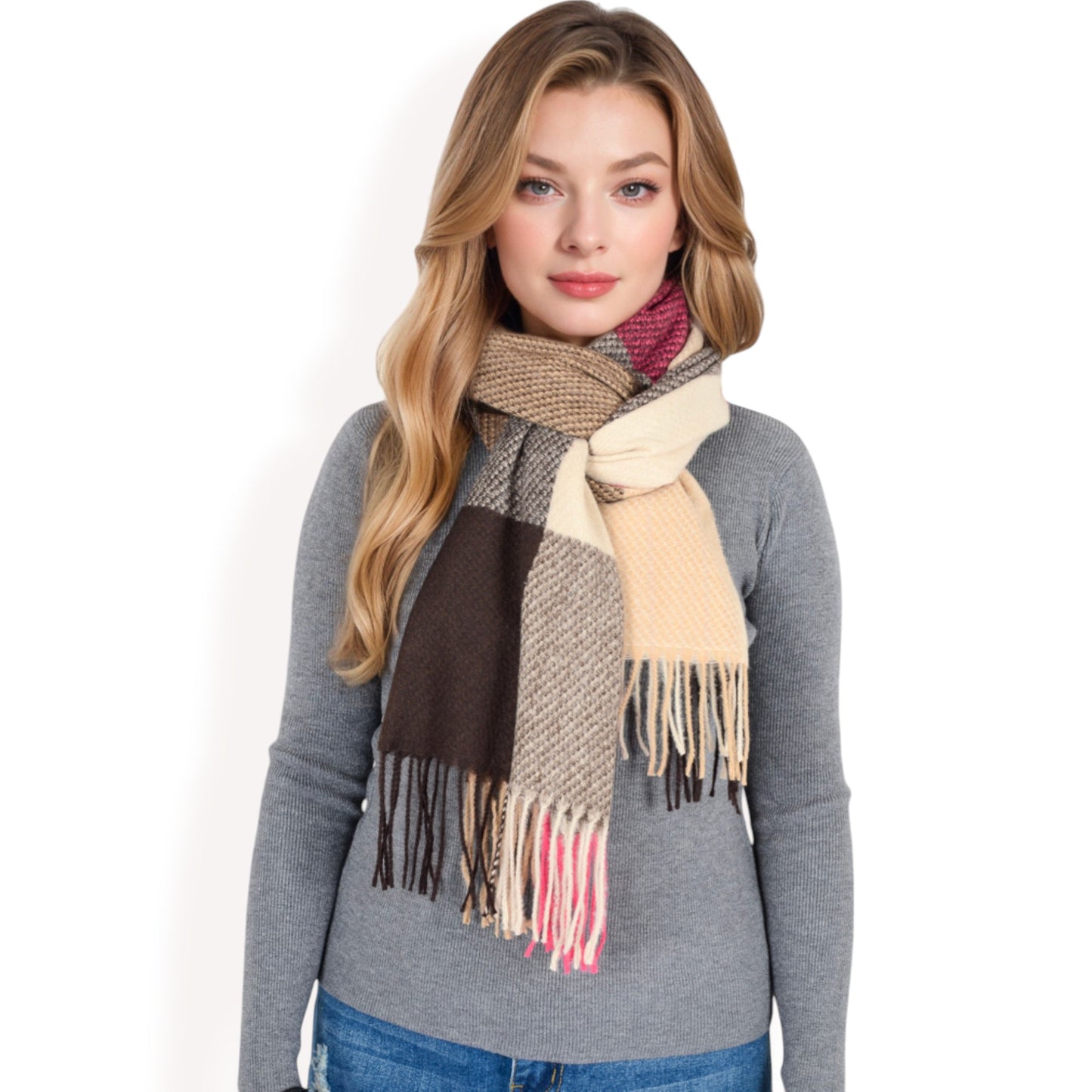 Anna-Kaci Women's Oversized Plaid Blanket Scarf with Fringe Trim and Soft Textured Fabric