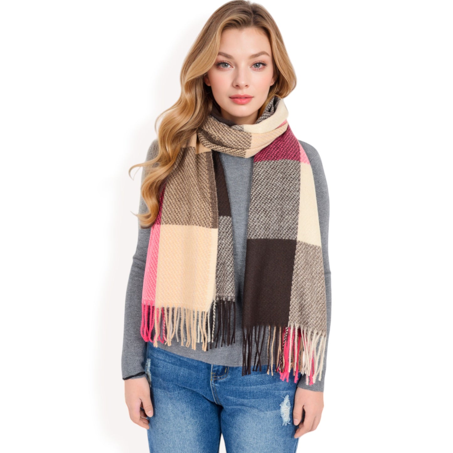 Anna-Kaci Women's Oversized Plaid Blanket Scarf with Fringe Trim and Soft Textured Fabric