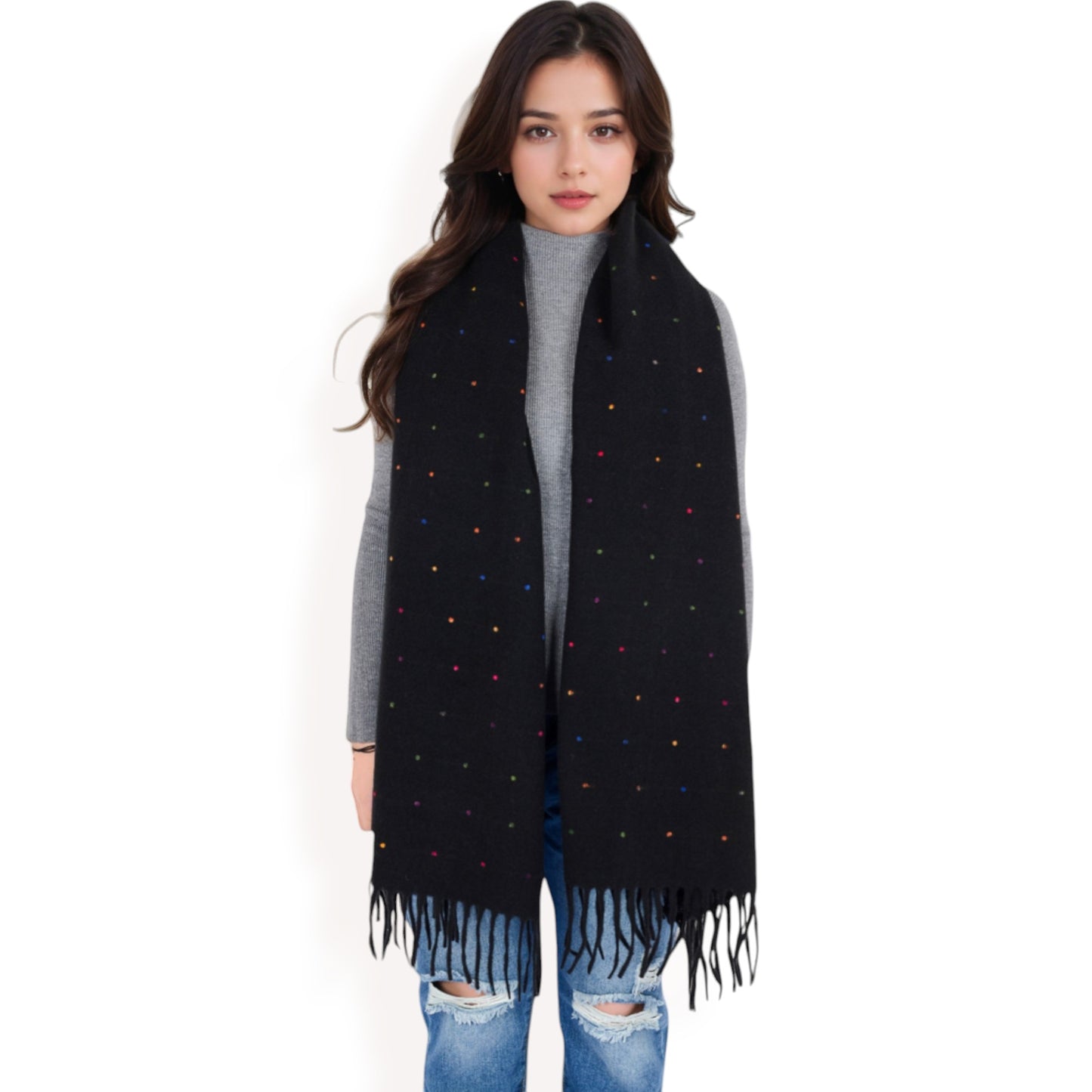 Anna-Kaci Women's Cashmere-Like Polka Dot Fringe Scarf with Soft Fabric and Lightweight Warmth