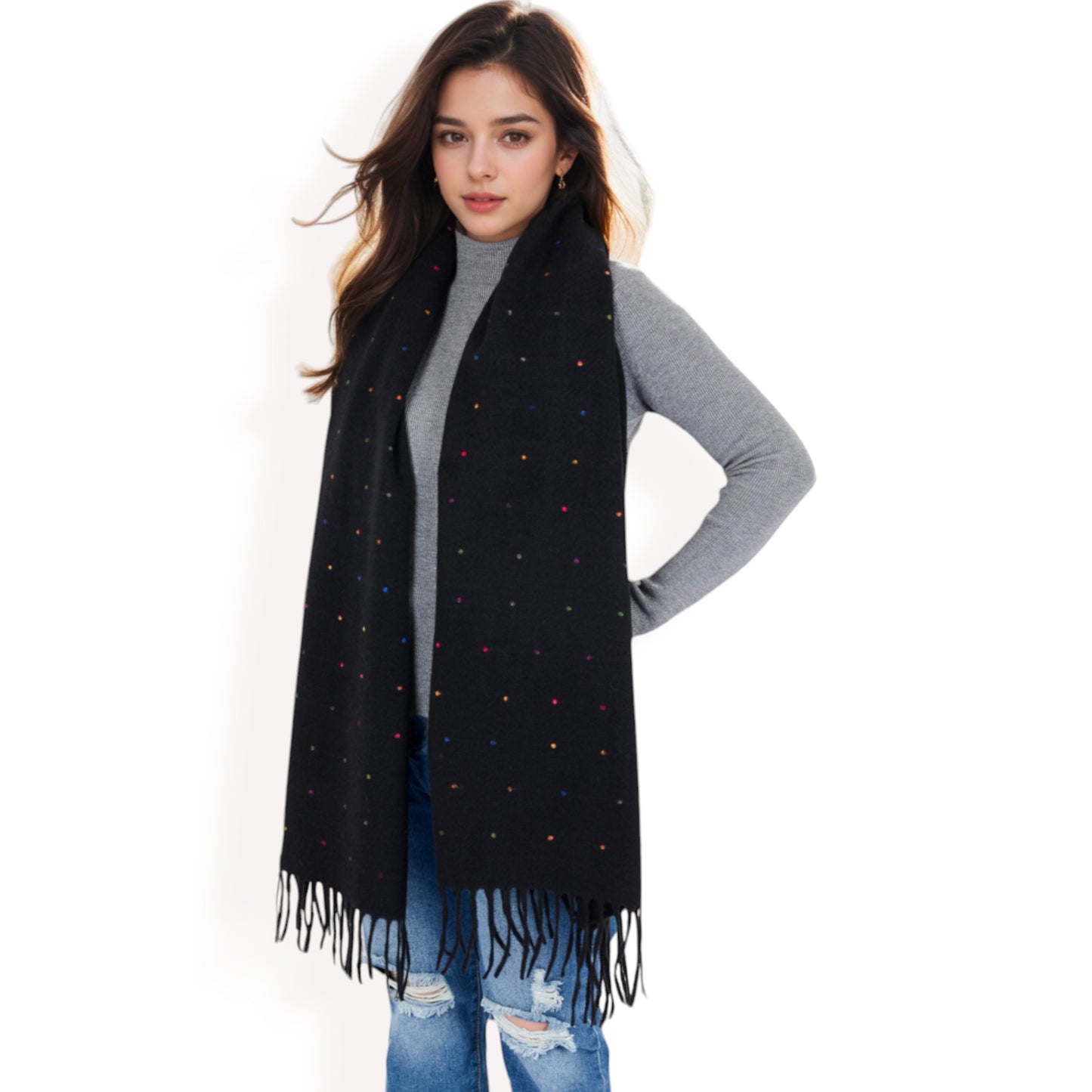 Anna-Kaci Women's Cashmere-Like Polka Dot Fringe Scarf with Soft Fabric and Lightweight Warmth