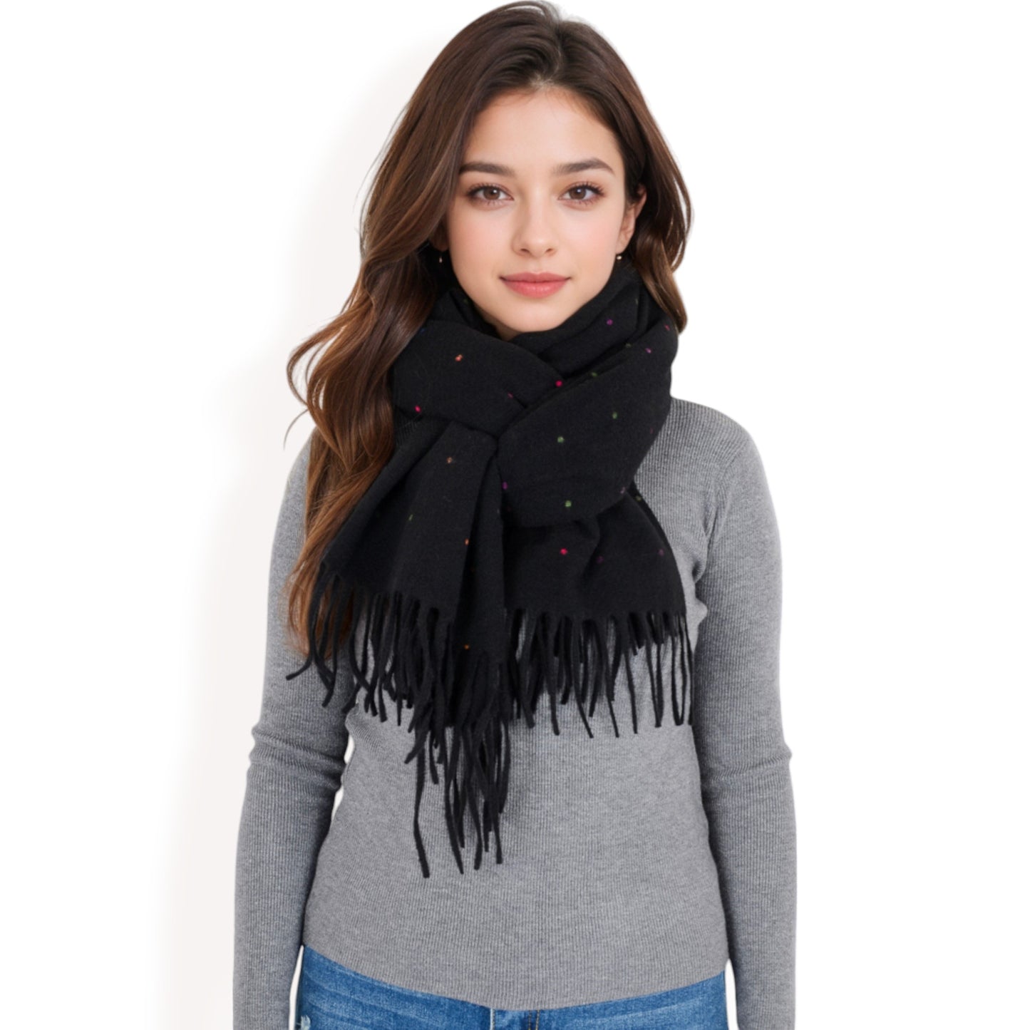Anna-Kaci Women's Cashmere-Like Polka Dot Fringe Scarf with Soft Fabric and Lightweight Warmth
