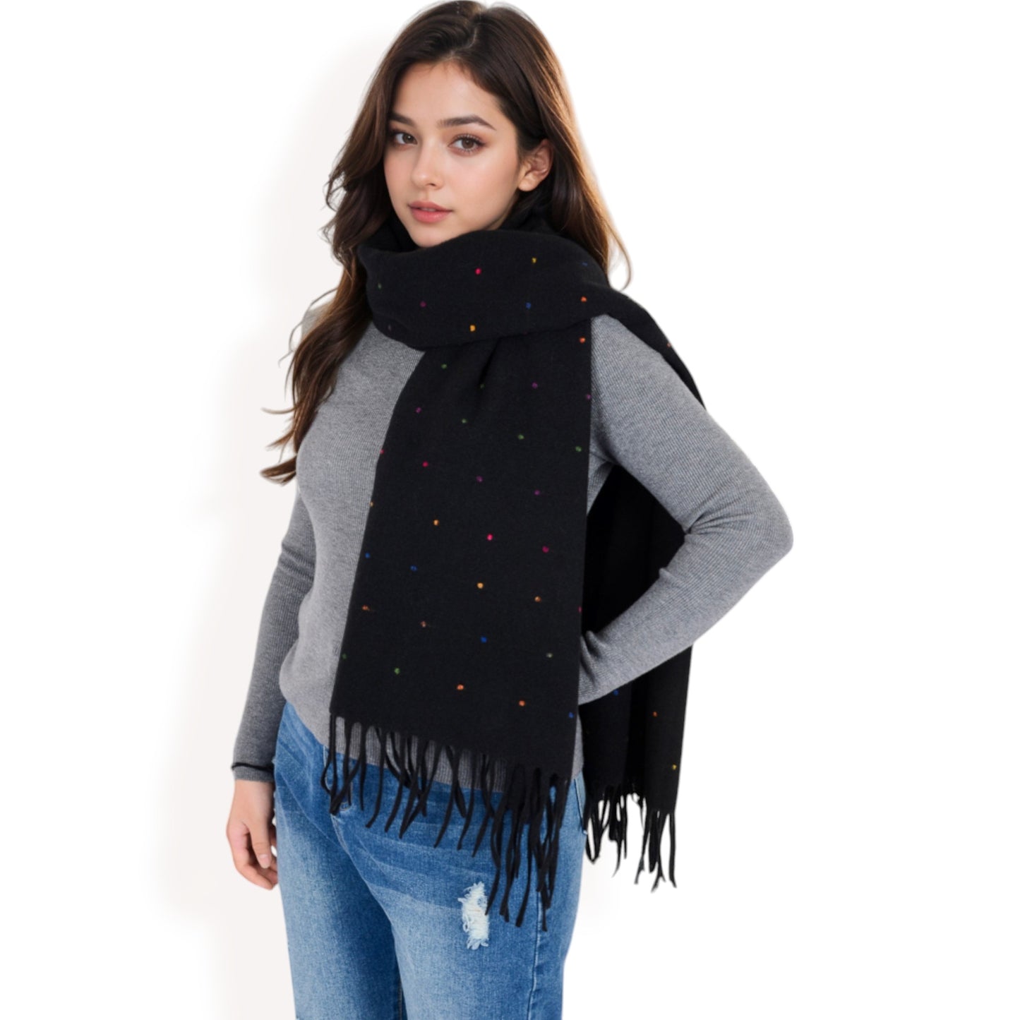 Anna-Kaci Women's Cashmere-Like Polka Dot Fringe Scarf with Soft Fabric and Lightweight Warmth