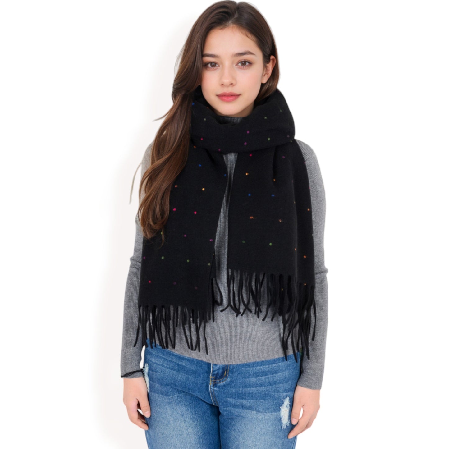 Anna-Kaci Women's Cashmere-Like Polka Dot Fringe Scarf with Soft Fabric and Lightweight Warmth