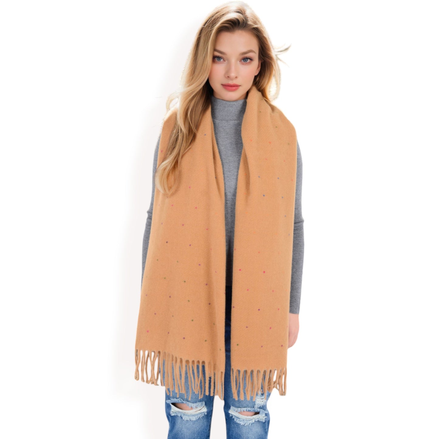 Anna-Kaci Women's Cashmere-Like Polka Dot Fringe Scarf with Soft Fabric and Lightweight Warmth