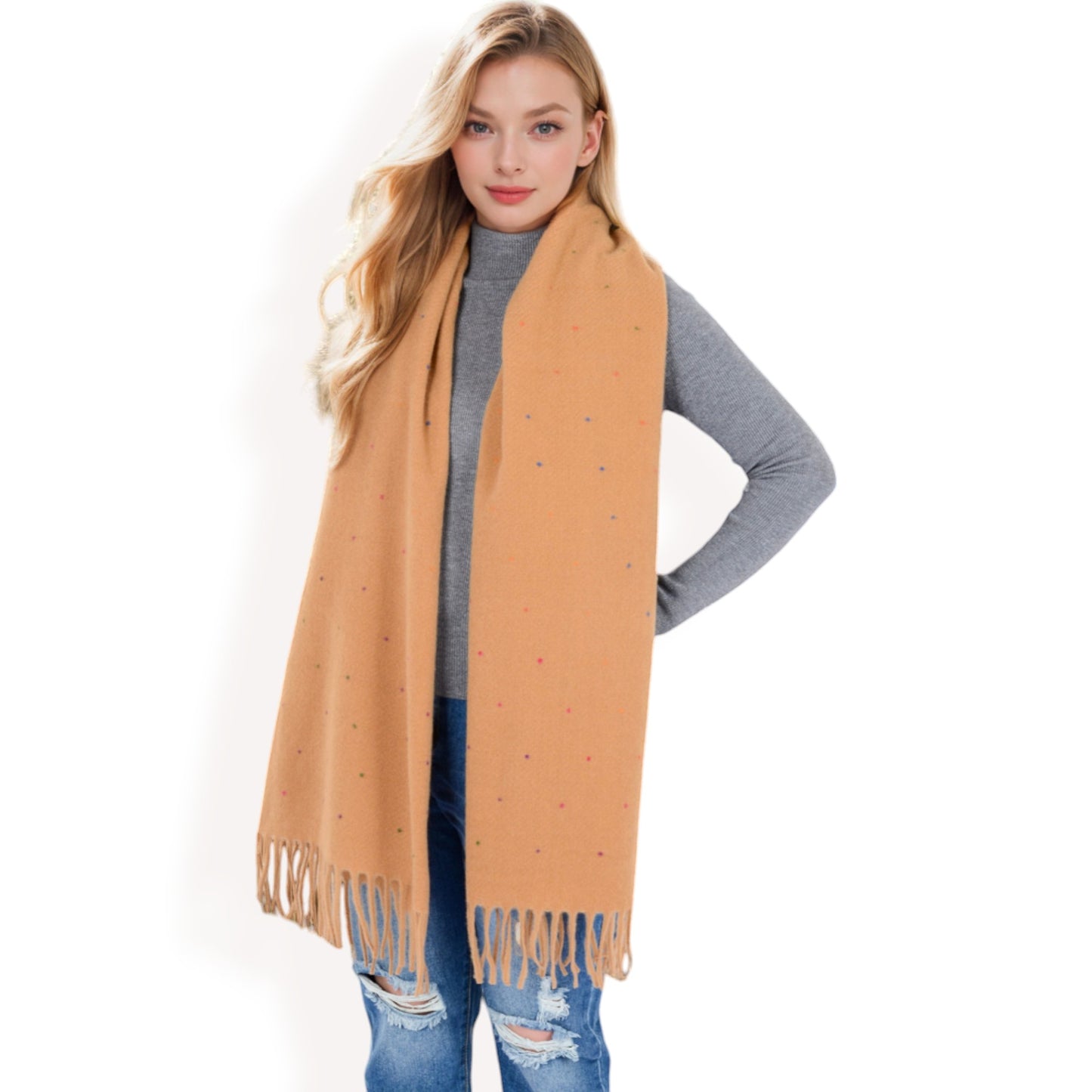 Anna-Kaci Women's Cashmere-Like Polka Dot Fringe Scarf with Soft Fabric and Lightweight Warmth