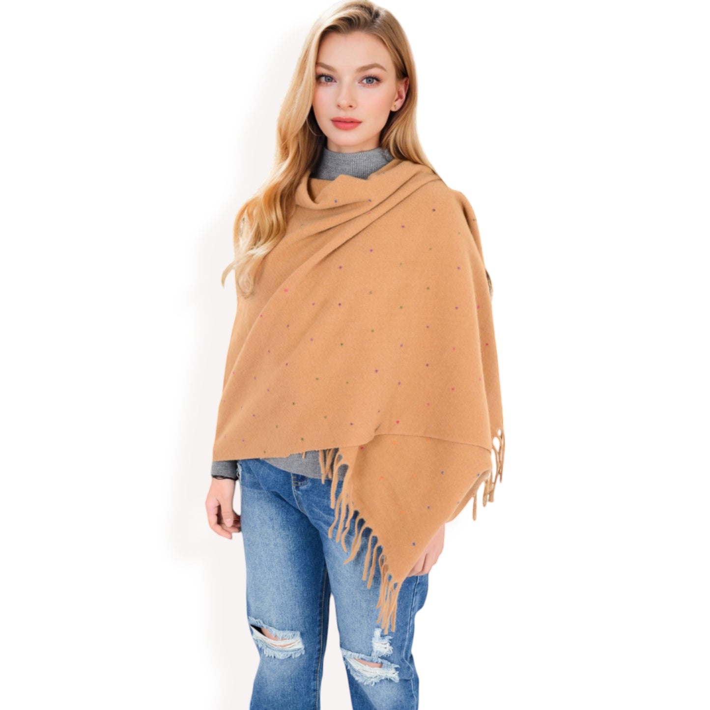Anna-Kaci Women's Cashmere-Like Polka Dot Fringe Scarf with Soft Fabric and Lightweight Warmth