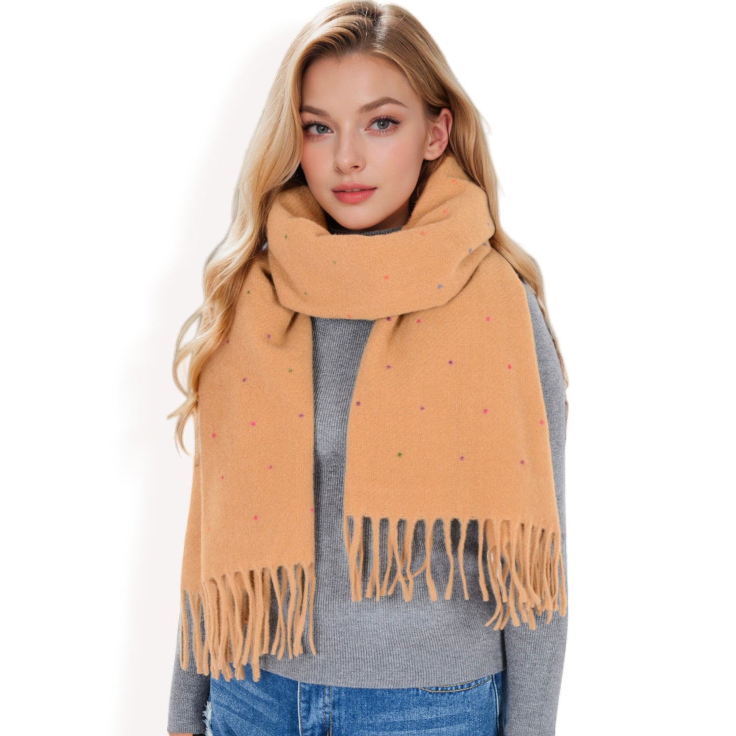 Anna-Kaci Women's Cashmere-Like Polka Dot Fringe Scarf with Soft Fabric and Lightweight Warmth