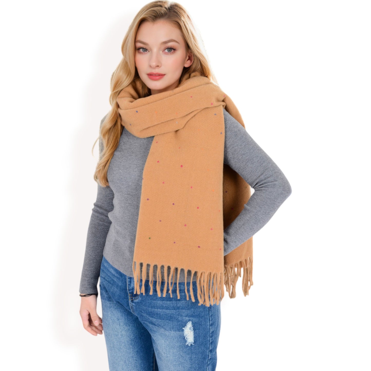Anna-Kaci Women's Cashmere-Like Polka Dot Fringe Scarf with Soft Fabric and Lightweight Warmth