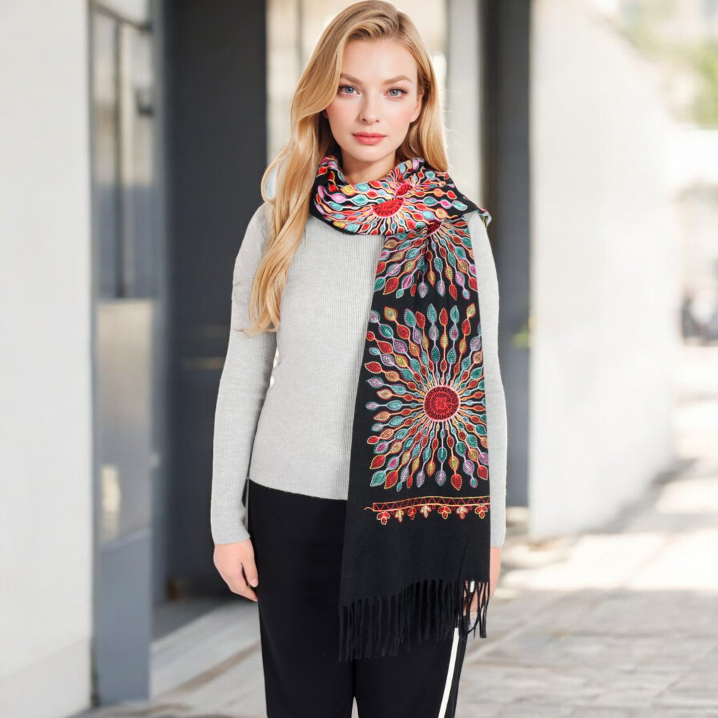 Anna-Kaci Women's Floral Mandala Embroidered Scarf with Fringed Edges and Lightweight Fabric