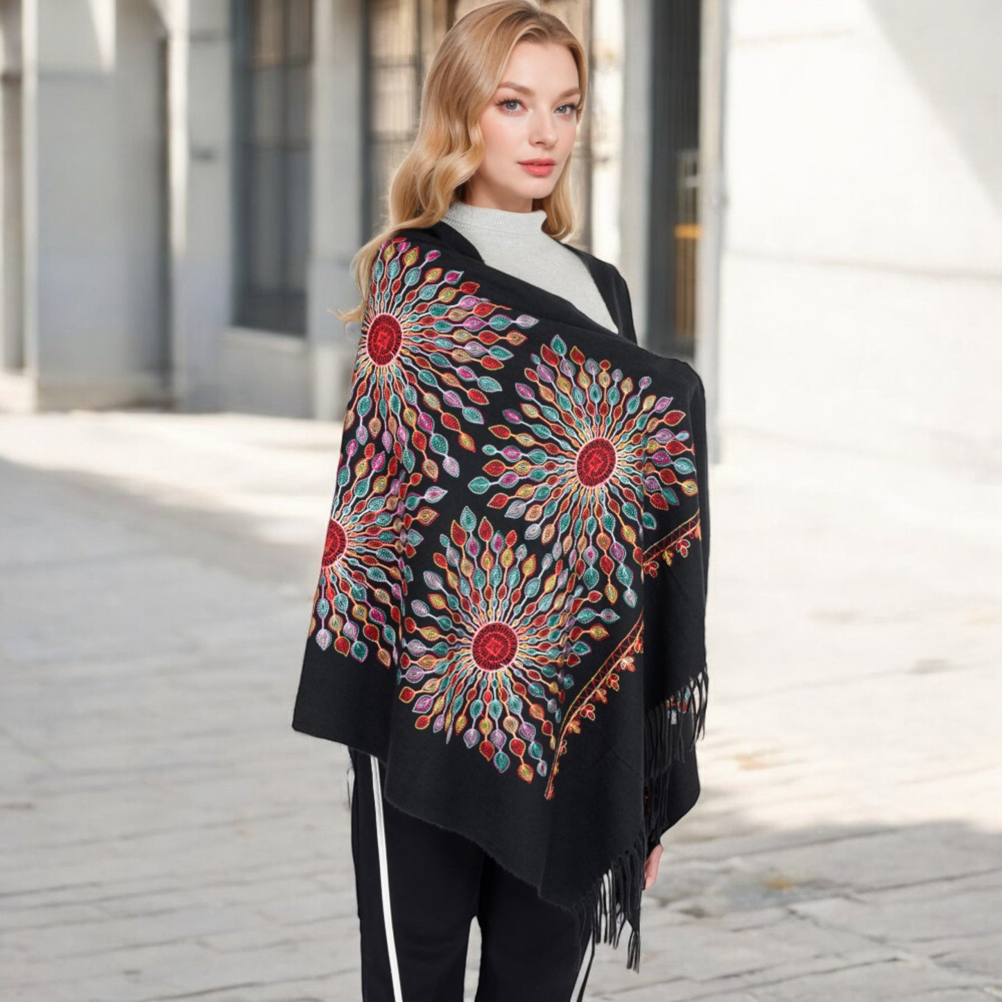 Anna-Kaci Women's Floral Mandala Embroidered Scarf with Fringed Edges and Lightweight Fabric