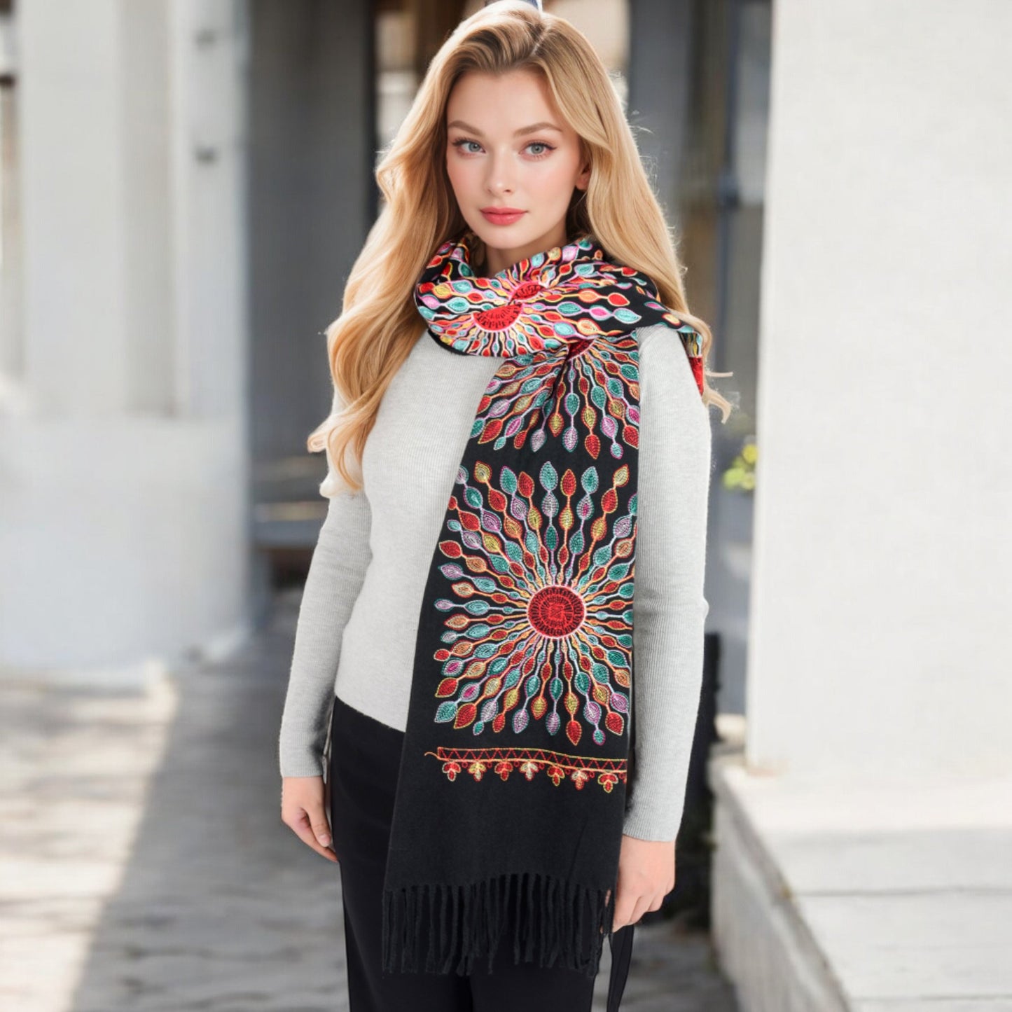 Anna-Kaci Women's Floral Mandala Embroidered Scarf with Fringed Edges and Lightweight Fabric