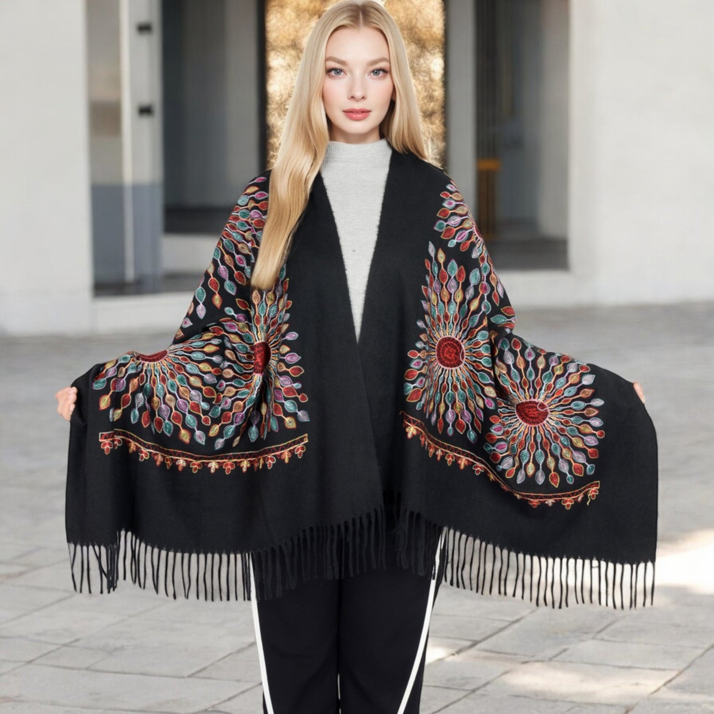 Anna-Kaci Women's Floral Mandala Embroidered Scarf with Fringed Edges and Lightweight Fabric