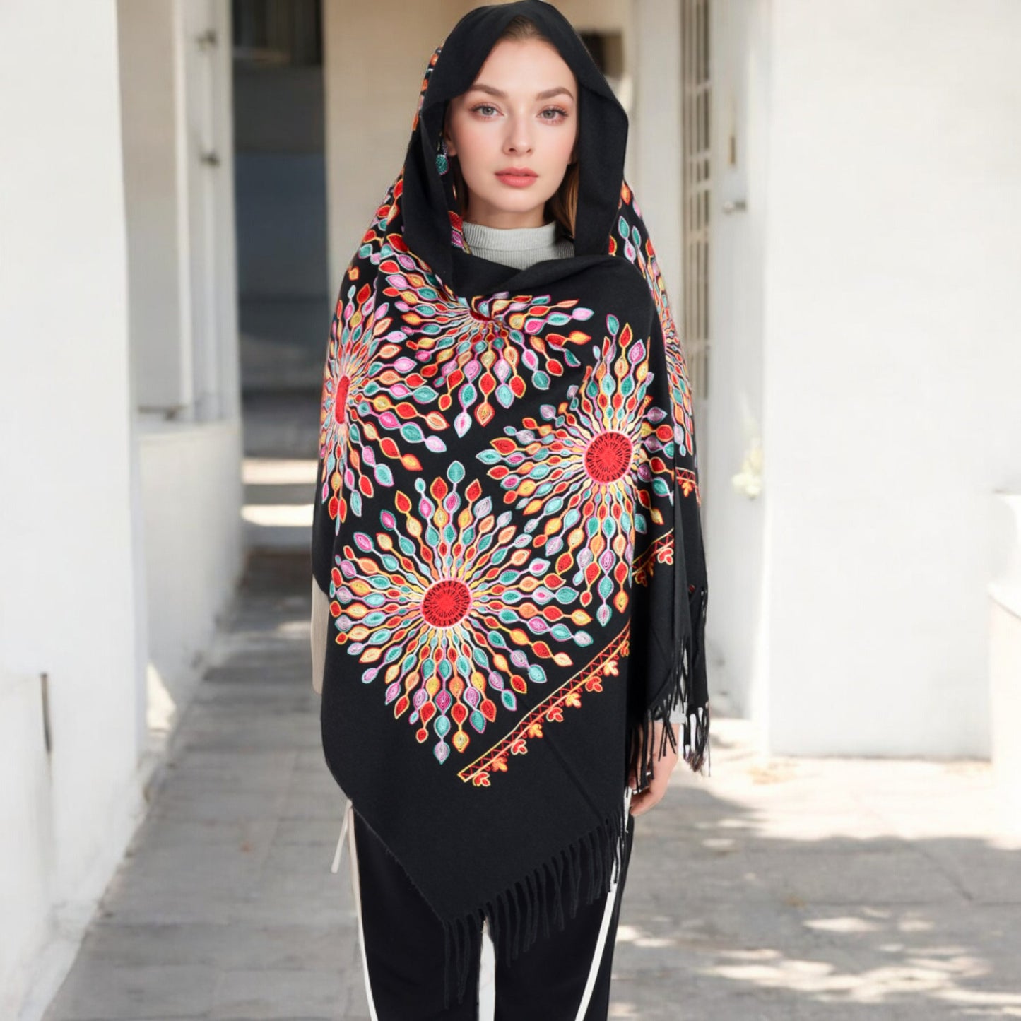Anna-Kaci Women's Floral Mandala Embroidered Scarf with Fringed Edges and Lightweight Fabric