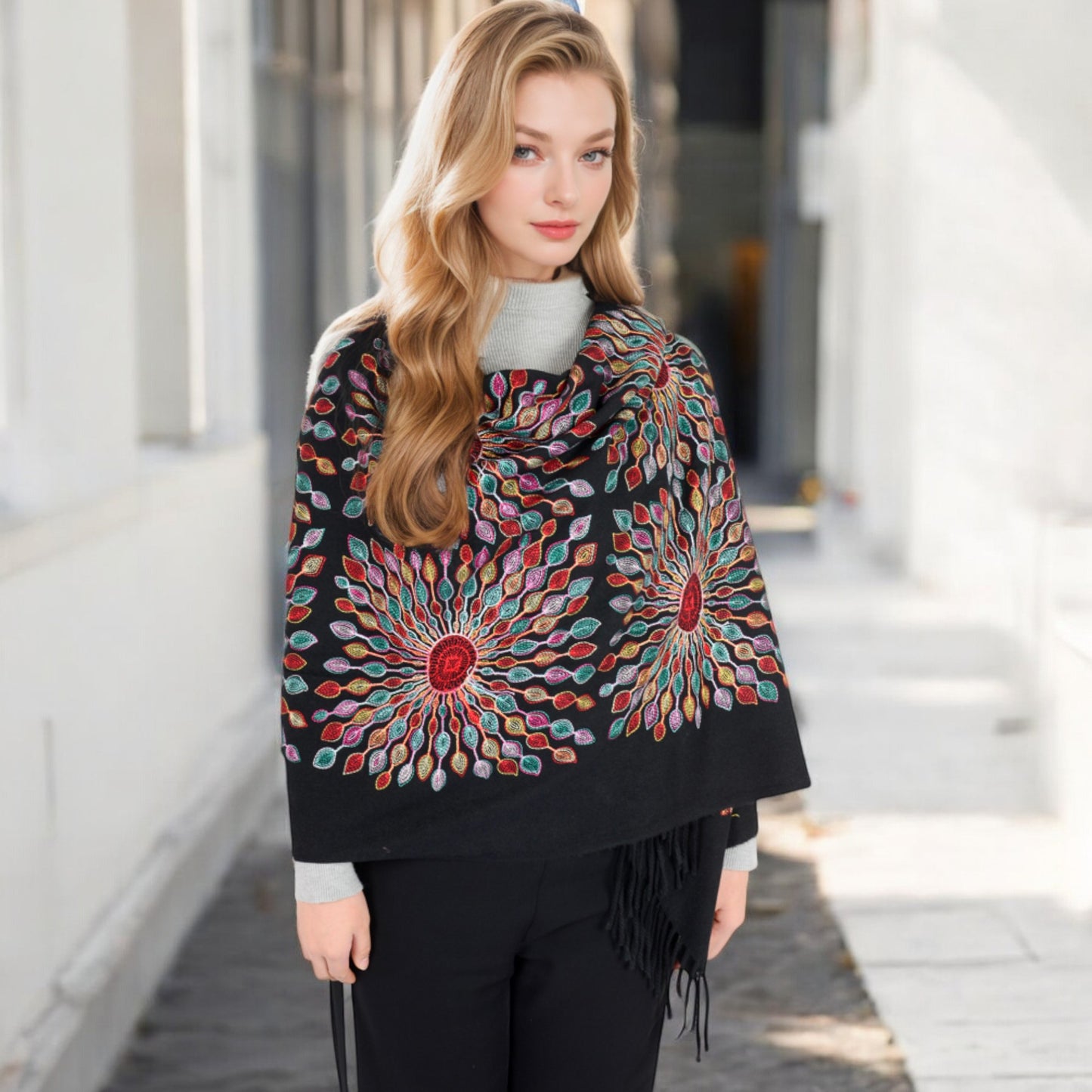 Anna-Kaci Women's Floral Mandala Embroidered Scarf with Fringed Edges and Lightweight Fabric
