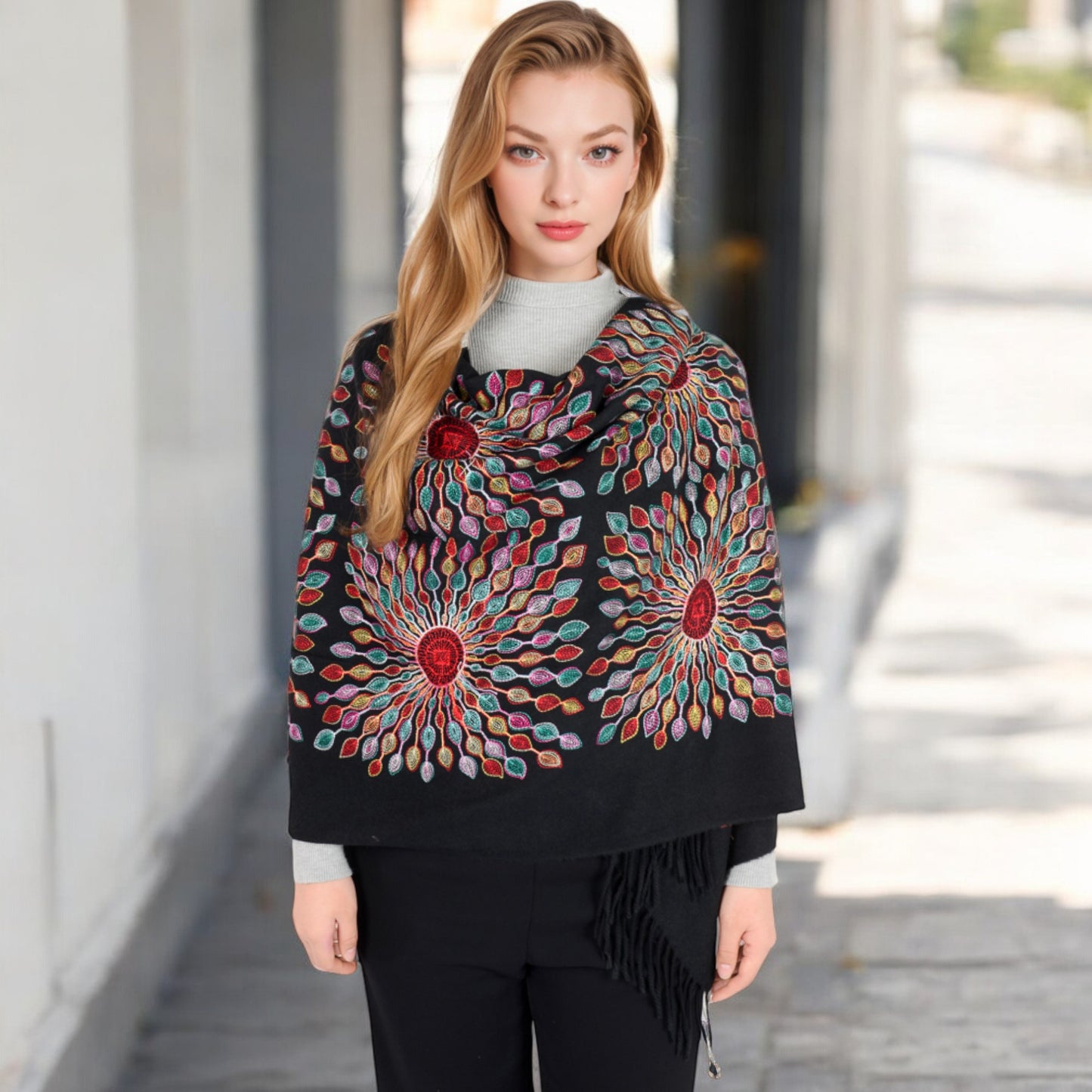Anna-Kaci Women's Floral Mandala Embroidered Scarf with Fringed Edges and Lightweight Fabric