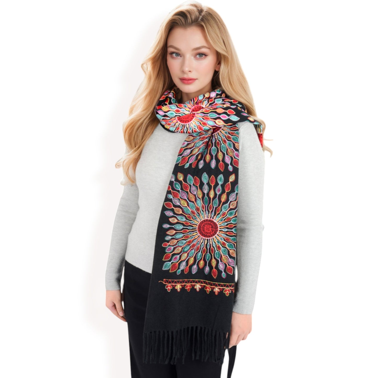 Anna-Kaci Women's Floral Mandala Embroidered Scarf with Fringed Edges and Lightweight Fabric