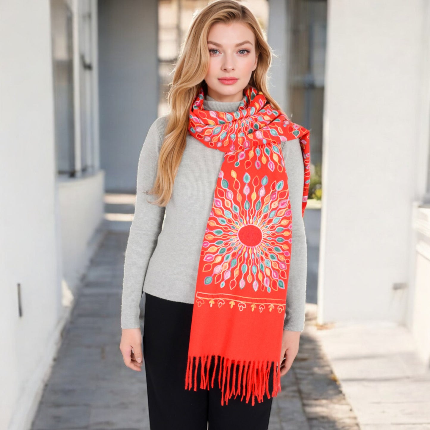 Anna-Kaci Women's Floral Mandala Embroidered Scarf with Fringed Edges and Lightweight Fabric