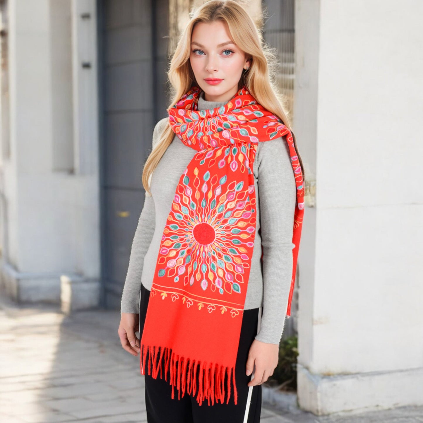 Anna-Kaci Women's Floral Mandala Embroidered Scarf with Fringed Edges and Lightweight Fabric