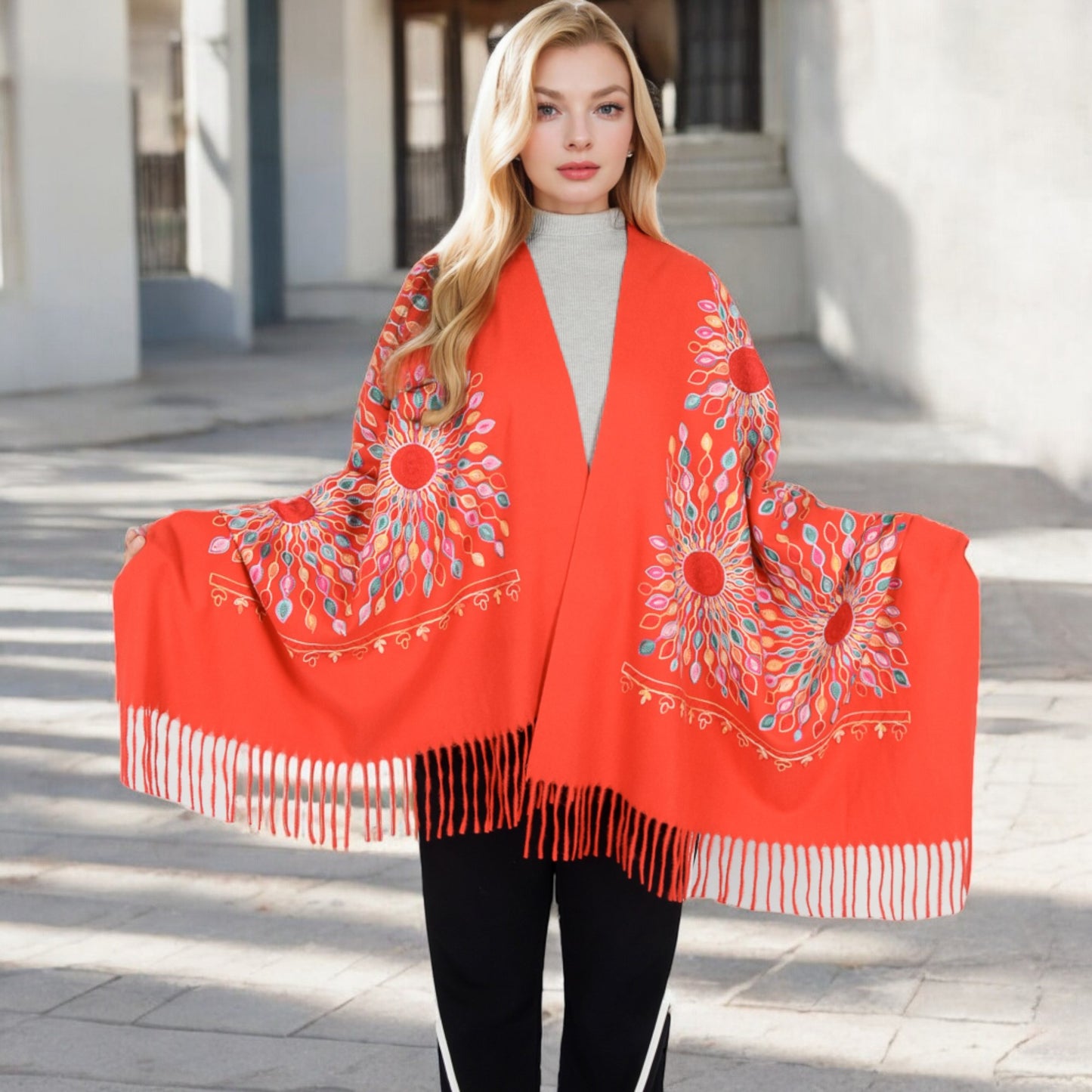 Anna-Kaci Women's Floral Mandala Embroidered Scarf with Fringed Edges and Lightweight Fabric
