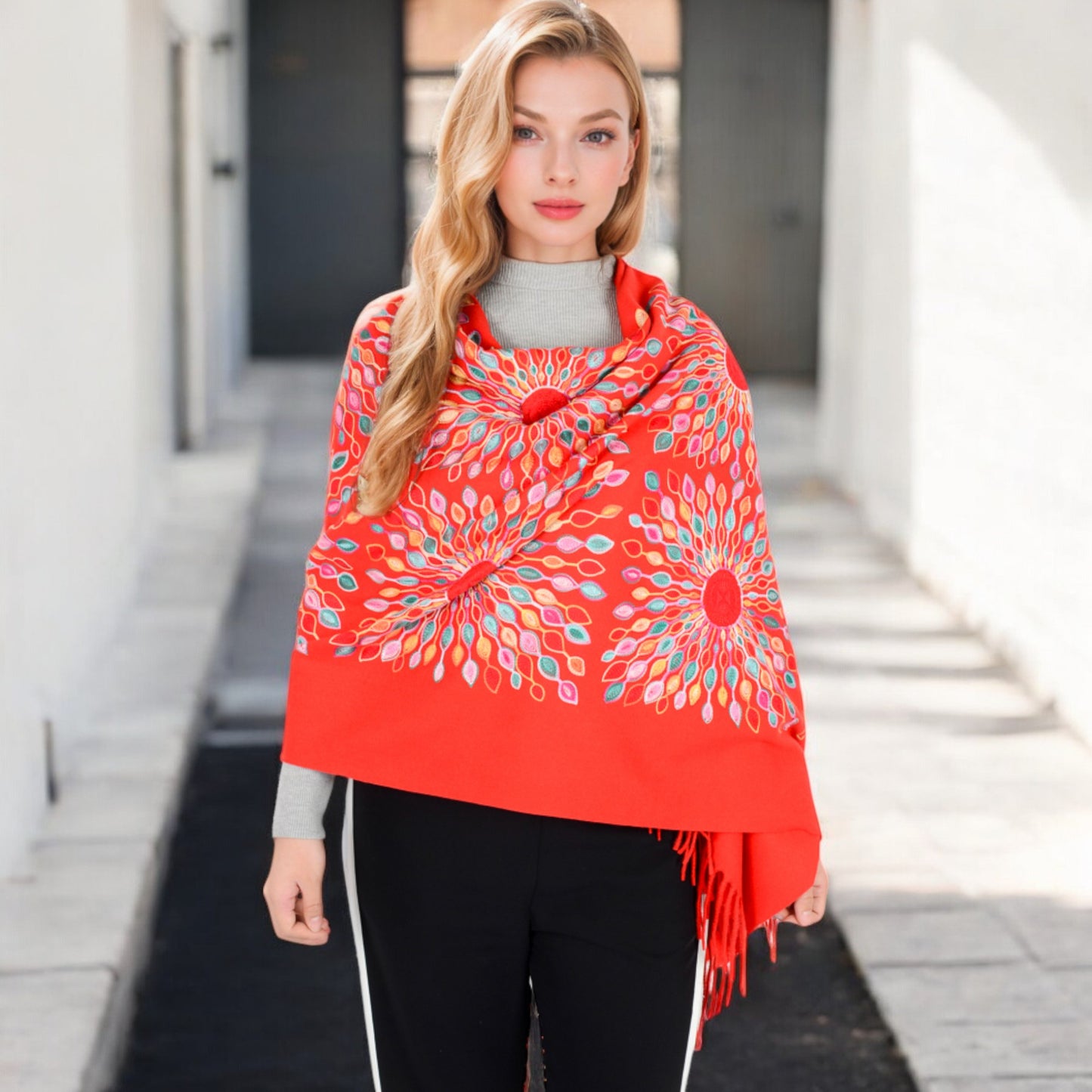 Anna-Kaci Women's Floral Mandala Embroidered Scarf with Fringed Edges and Lightweight Fabric