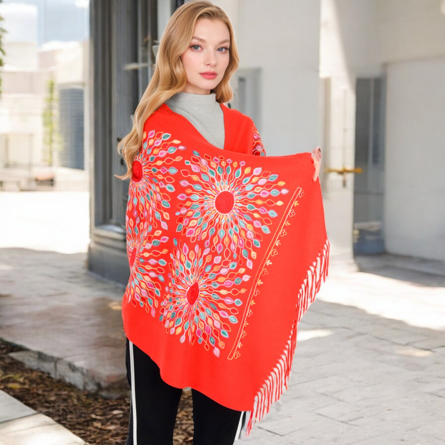 Anna-Kaci Women's Floral Mandala Embroidered Scarf with Fringed Edges and Lightweight Fabric