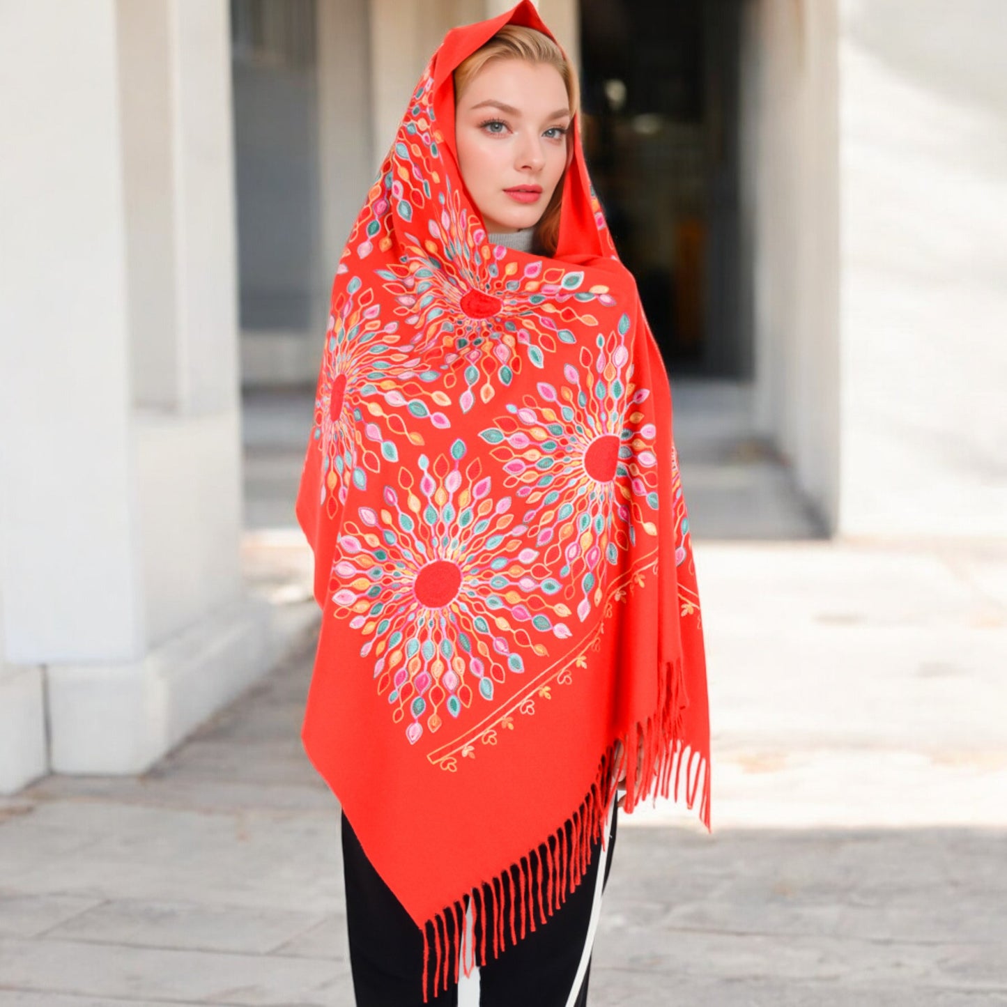 Anna-Kaci Women's Floral Mandala Embroidered Scarf with Fringed Edges and Lightweight Fabric