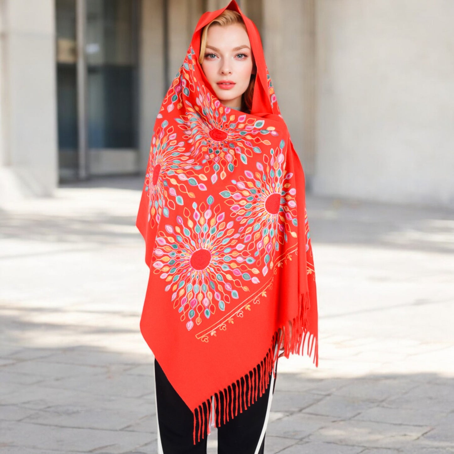 Anna-Kaci Women's Floral Mandala Embroidered Scarf with Fringed Edges and Lightweight Fabric