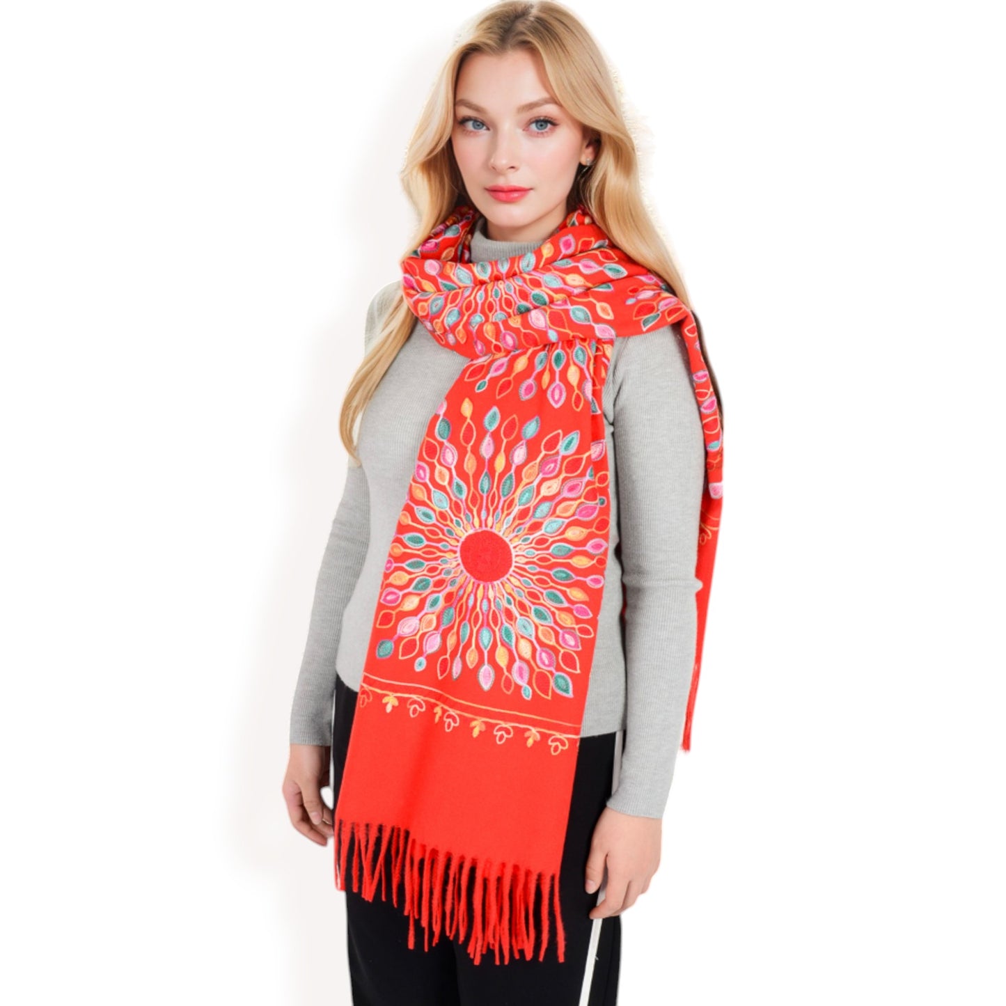 Anna-Kaci Women's Floral Mandala Embroidered Scarf with Fringed Edges and Lightweight Fabric