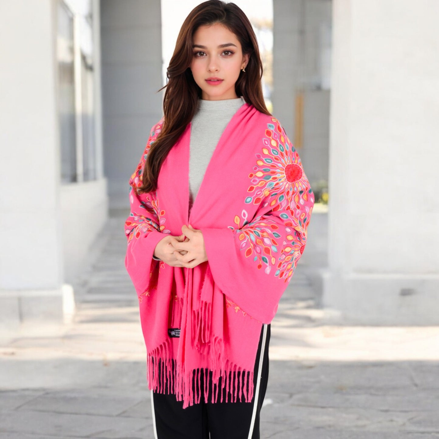 Anna-Kaci Women's Floral Mandala Embroidered Scarf with Fringed Edges and Lightweight Fabric