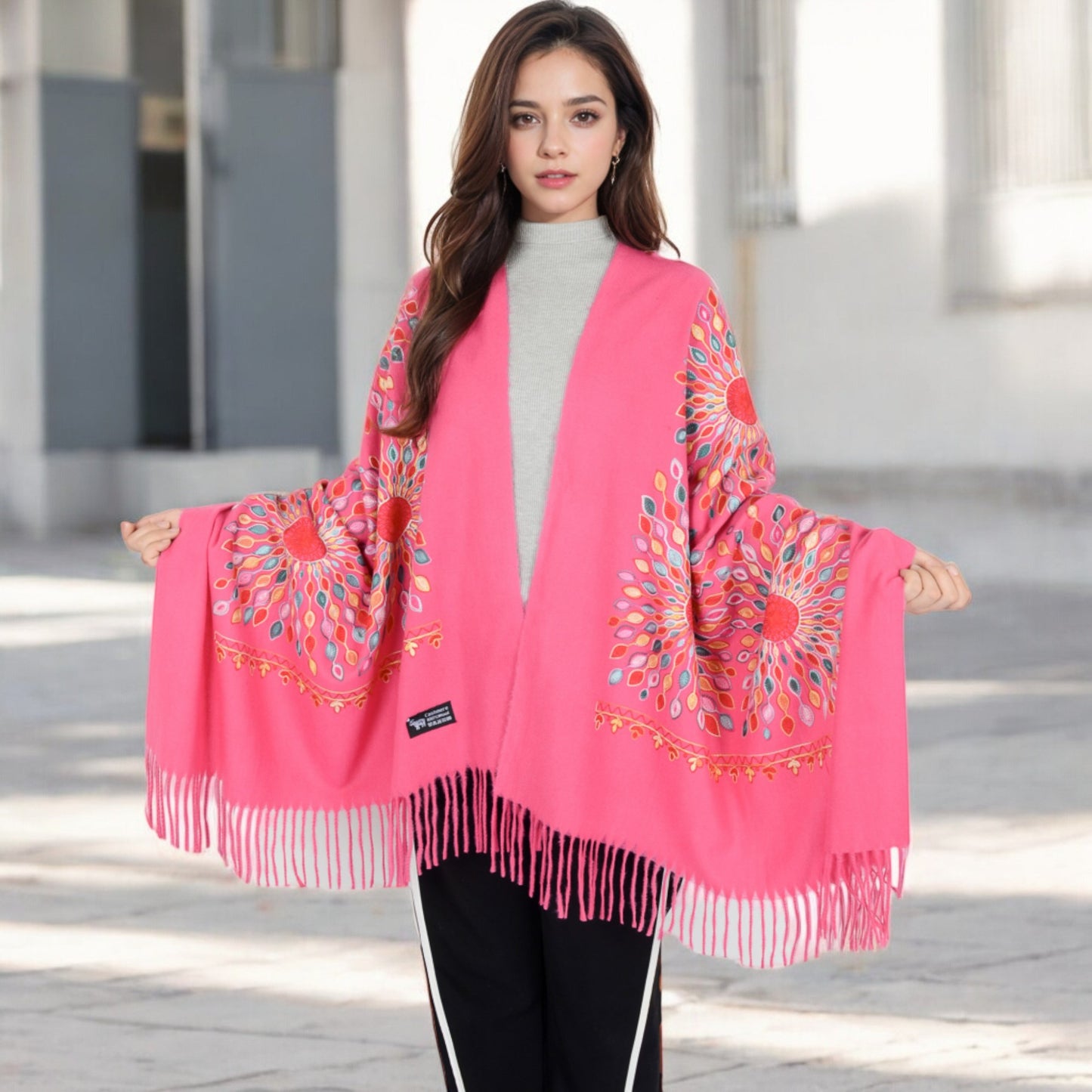 Anna-Kaci Women's Floral Mandala Embroidered Scarf with Fringed Edges and Lightweight Fabric