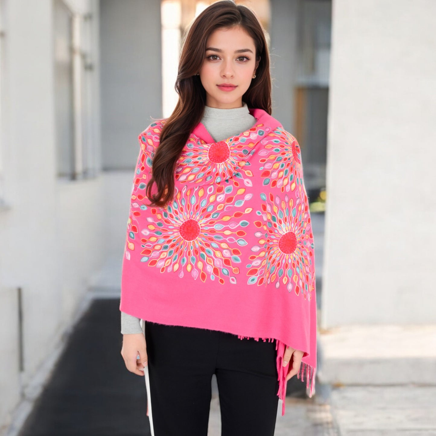 Anna-Kaci Women's Floral Mandala Embroidered Scarf with Fringed Edges and Lightweight Fabric