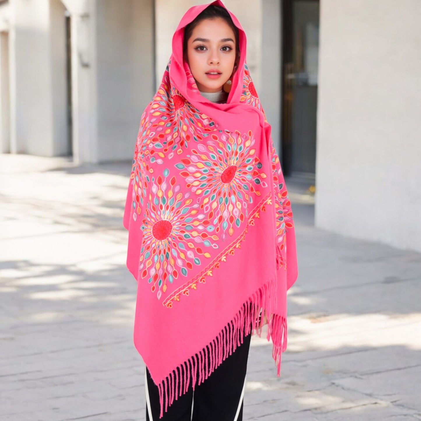 Anna-Kaci Women's Floral Mandala Embroidered Scarf with Fringed Edges and Lightweight Fabric