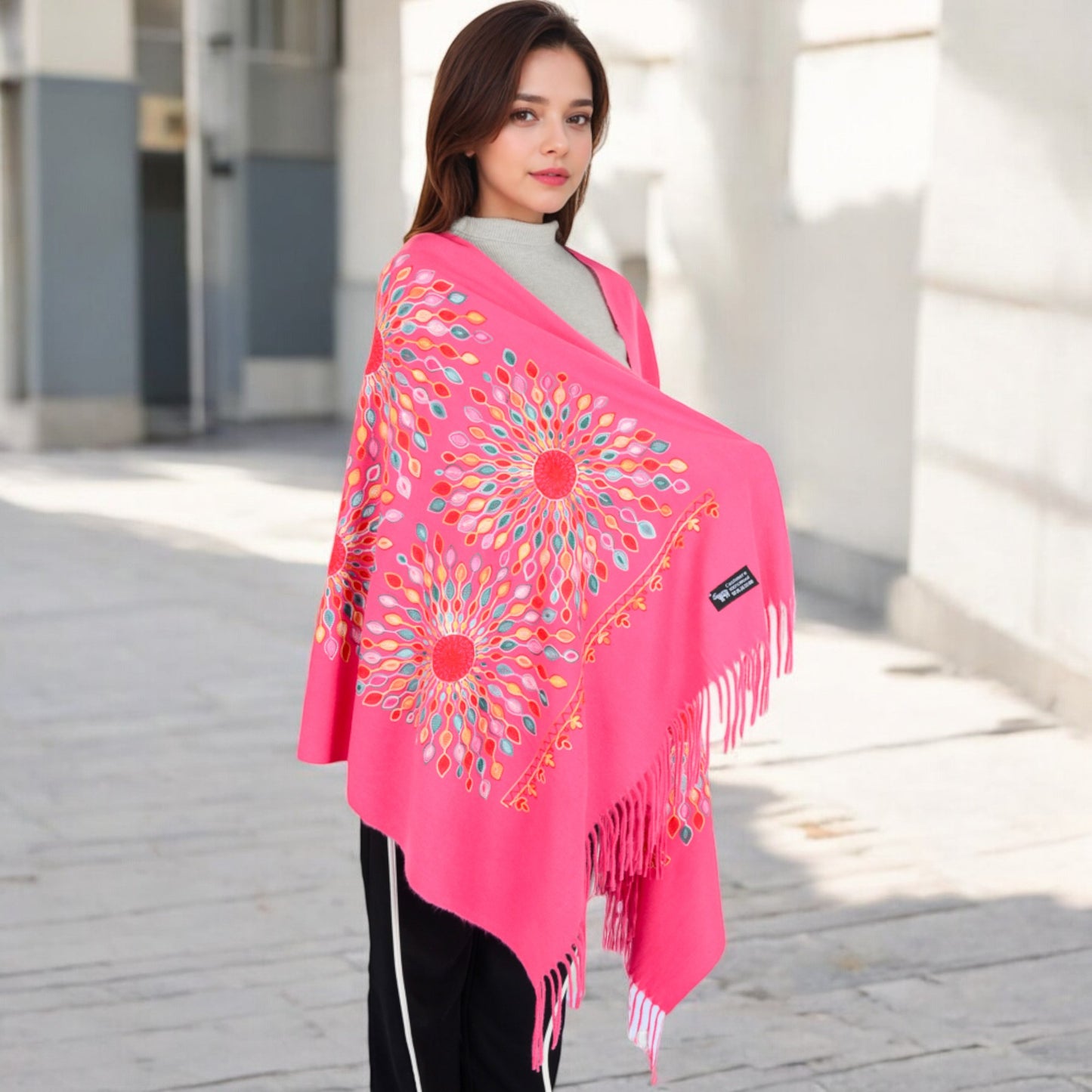 Anna-Kaci Women's Floral Mandala Embroidered Scarf with Fringed Edges and Lightweight Fabric
