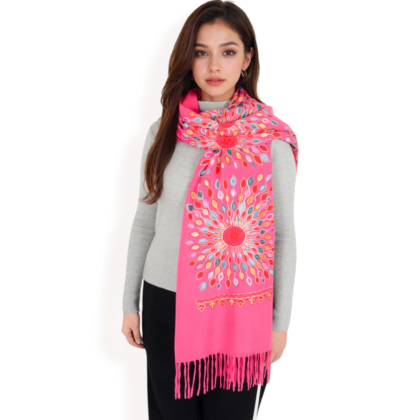 Anna-Kaci Women's Floral Mandala Embroidered Scarf with Fringed Edges and Lightweight Fabric