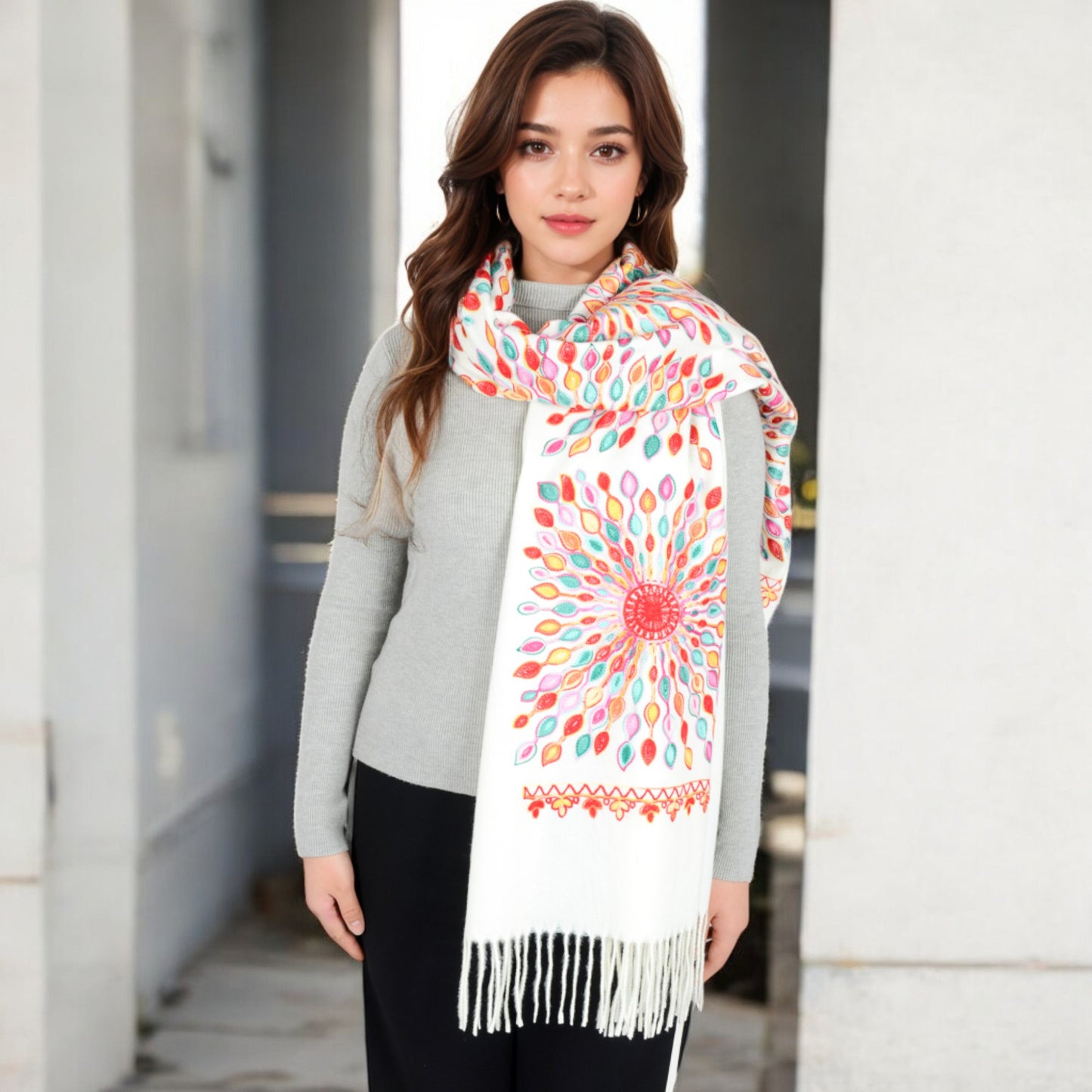 Anna-Kaci Women's Floral Mandala Embroidered Scarf with Fringed Edges and Lightweight Fabric