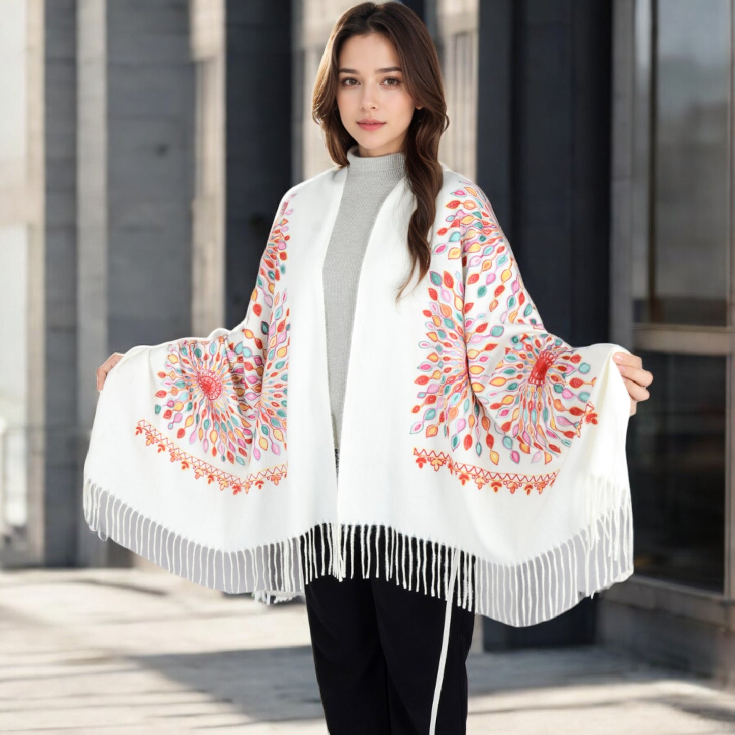 Anna-Kaci Women's Floral Mandala Embroidered Scarf with Fringed Edges and Lightweight Fabric