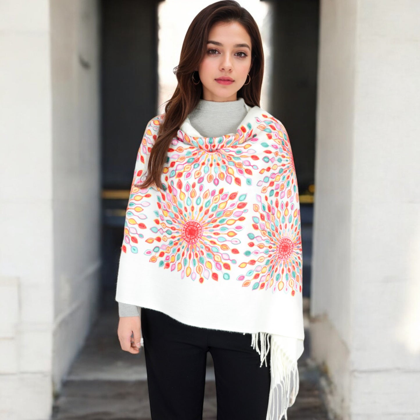 Anna-Kaci Women's Floral Mandala Embroidered Scarf with Fringed Edges and Lightweight Fabric